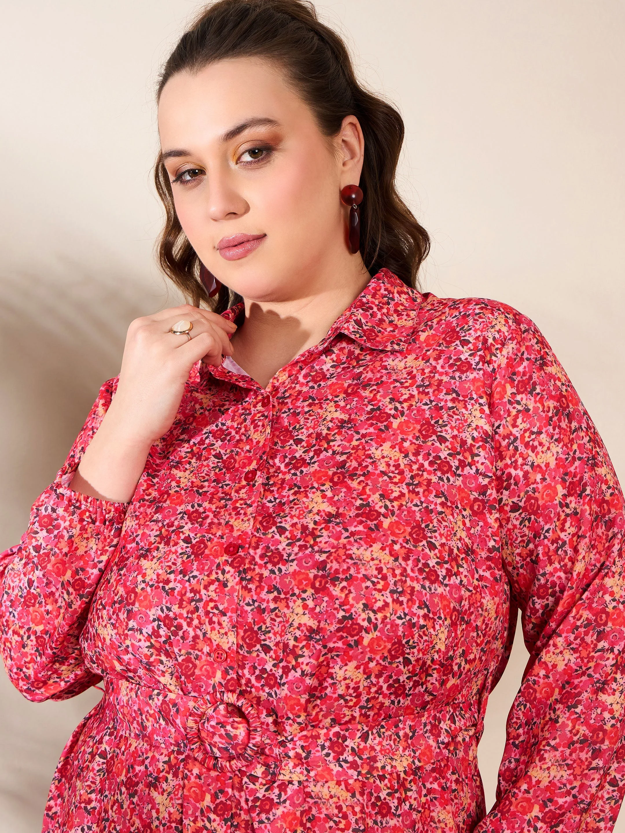 Women Red Floral Knee Length Shirt Dress - Image 4
