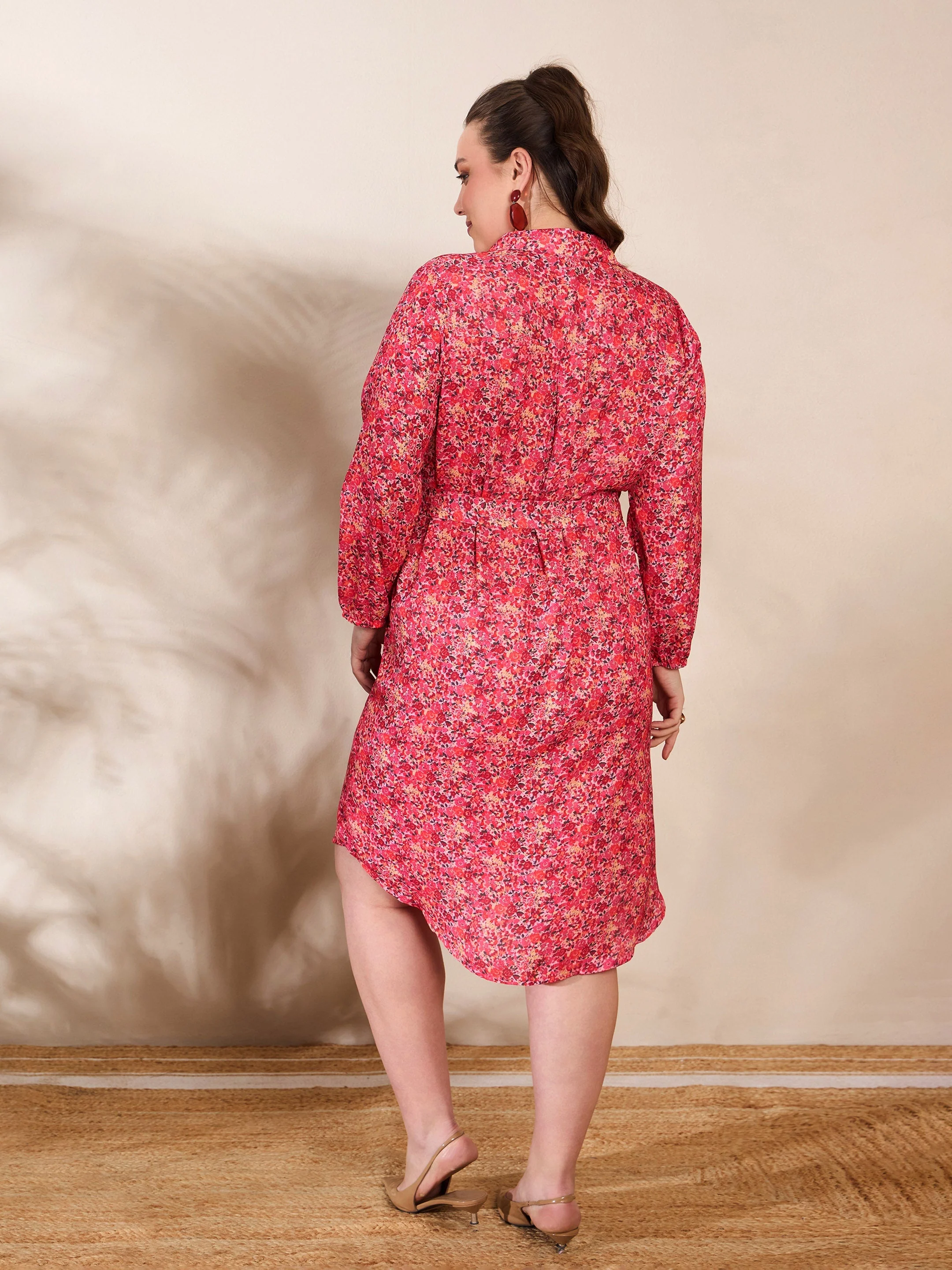 Women Red Floral Knee Length Shirt Dress - Image 5