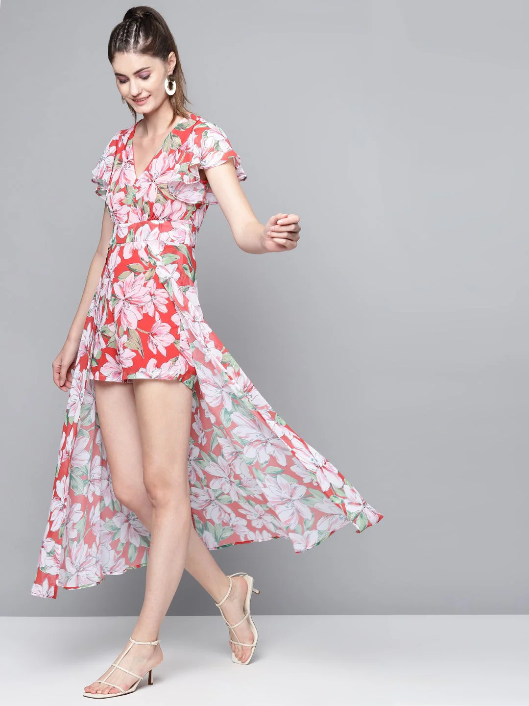 Women Red Floral Maxi Romper - Image 2