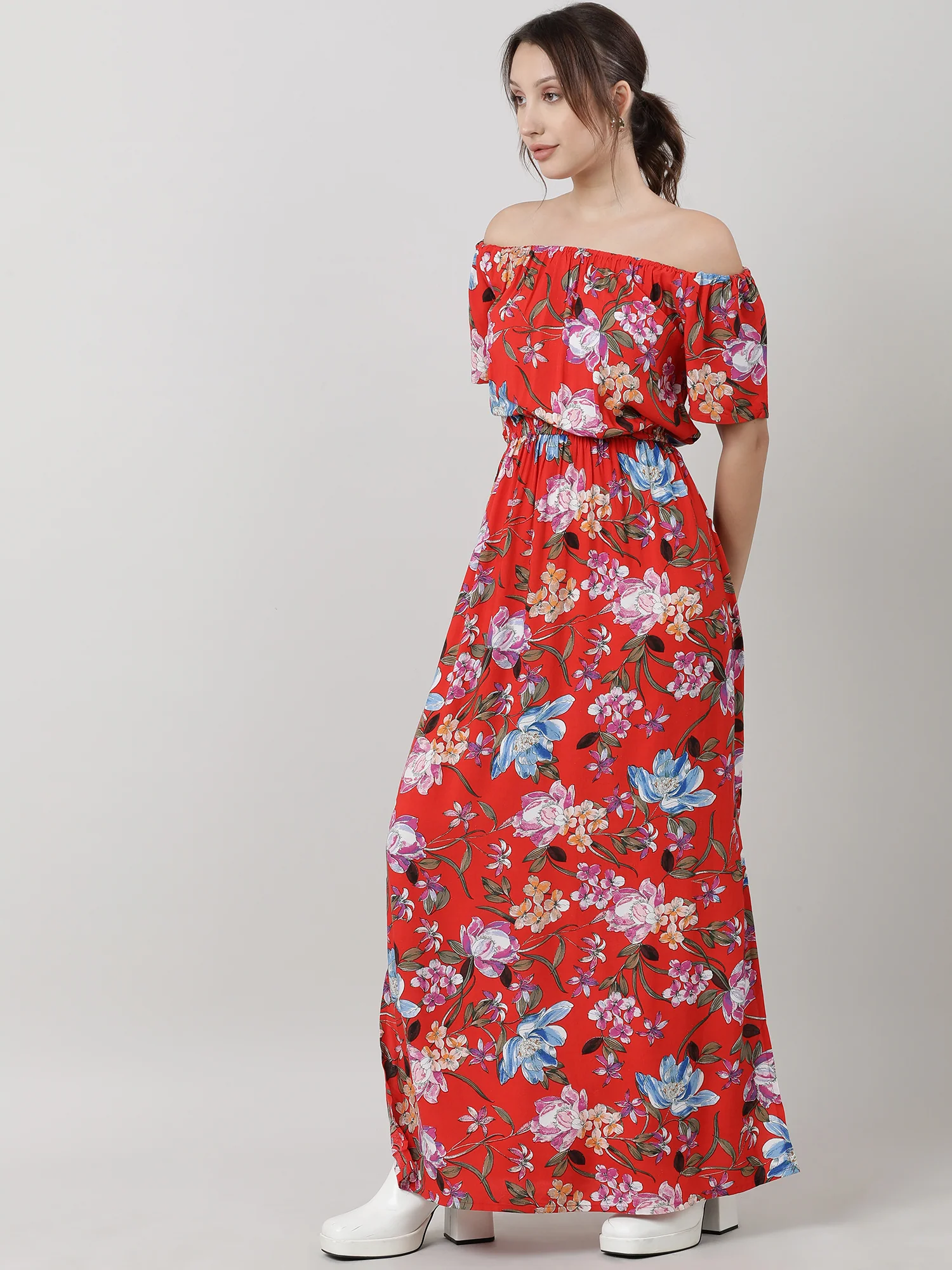 Women Red Floral Off Shoulder Maxi Dress - Image 2