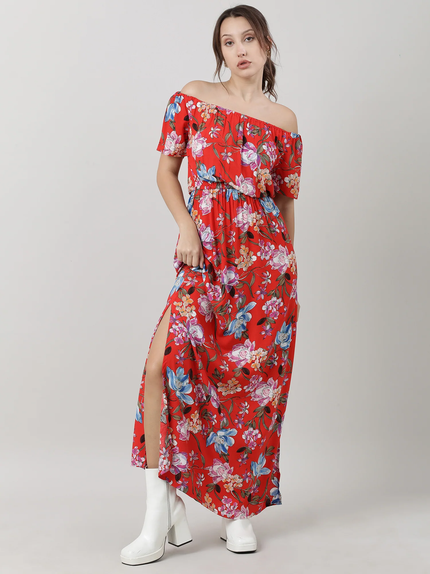 Women Red Floral Off Shoulder Maxi Dress - Image 3