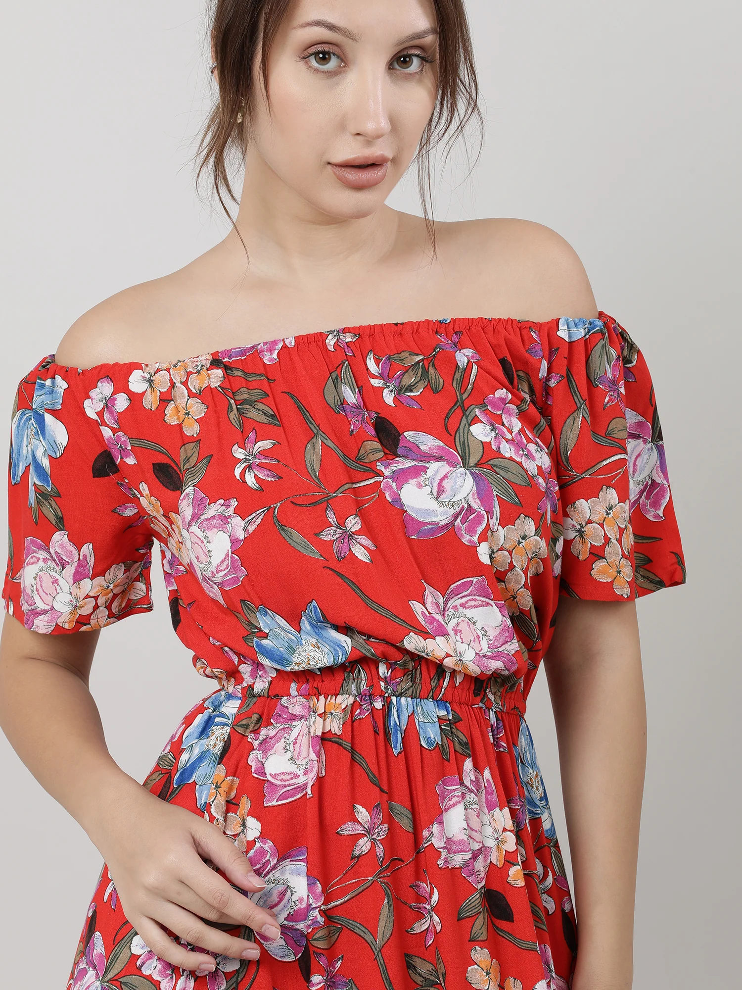 Women Red Floral Off Shoulder Maxi Dress - Image 4