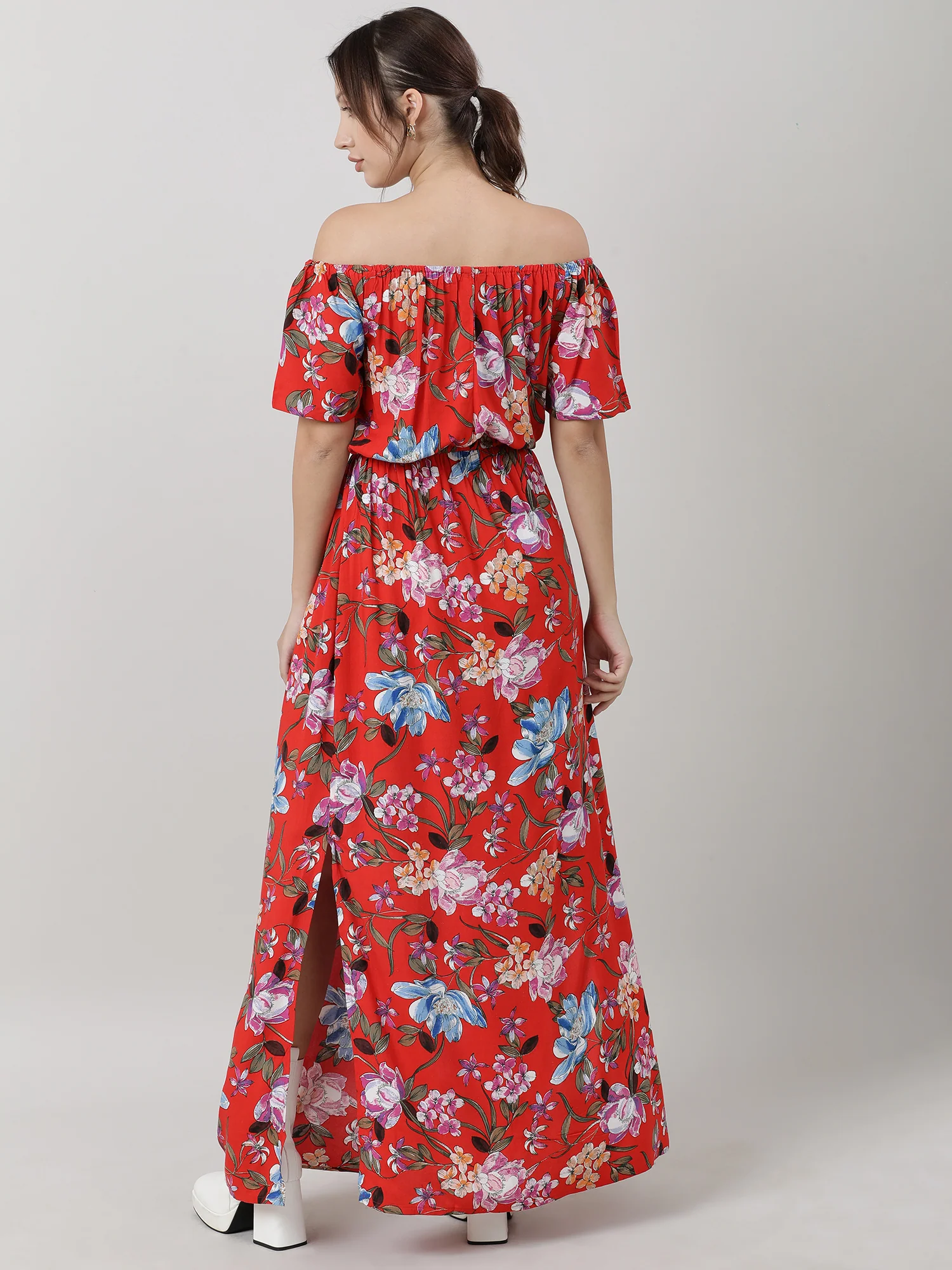 Women Red Floral Off Shoulder Maxi Dress - Image 5