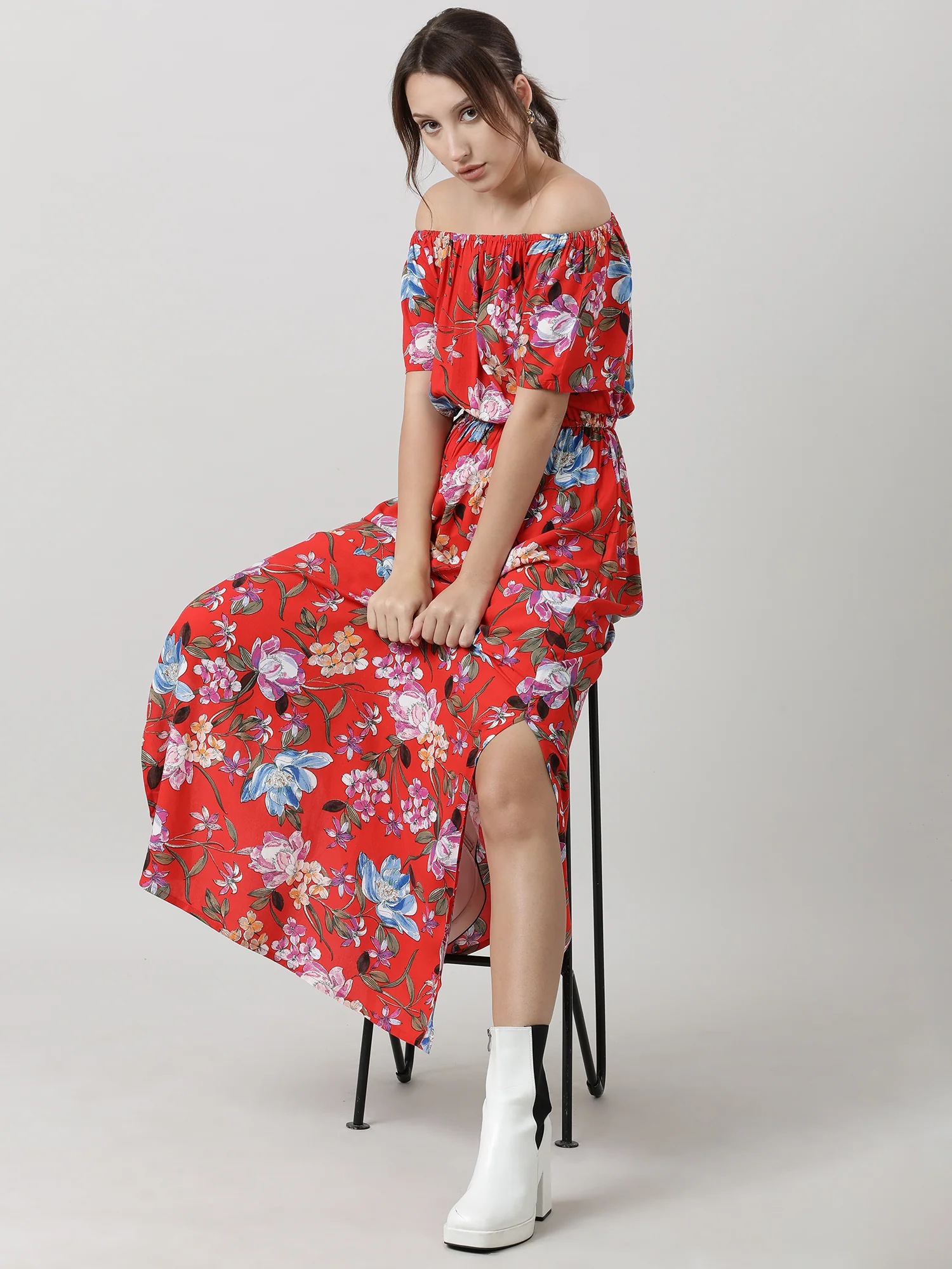 Women Red Floral Off Shoulder Maxi Dress - Image 6