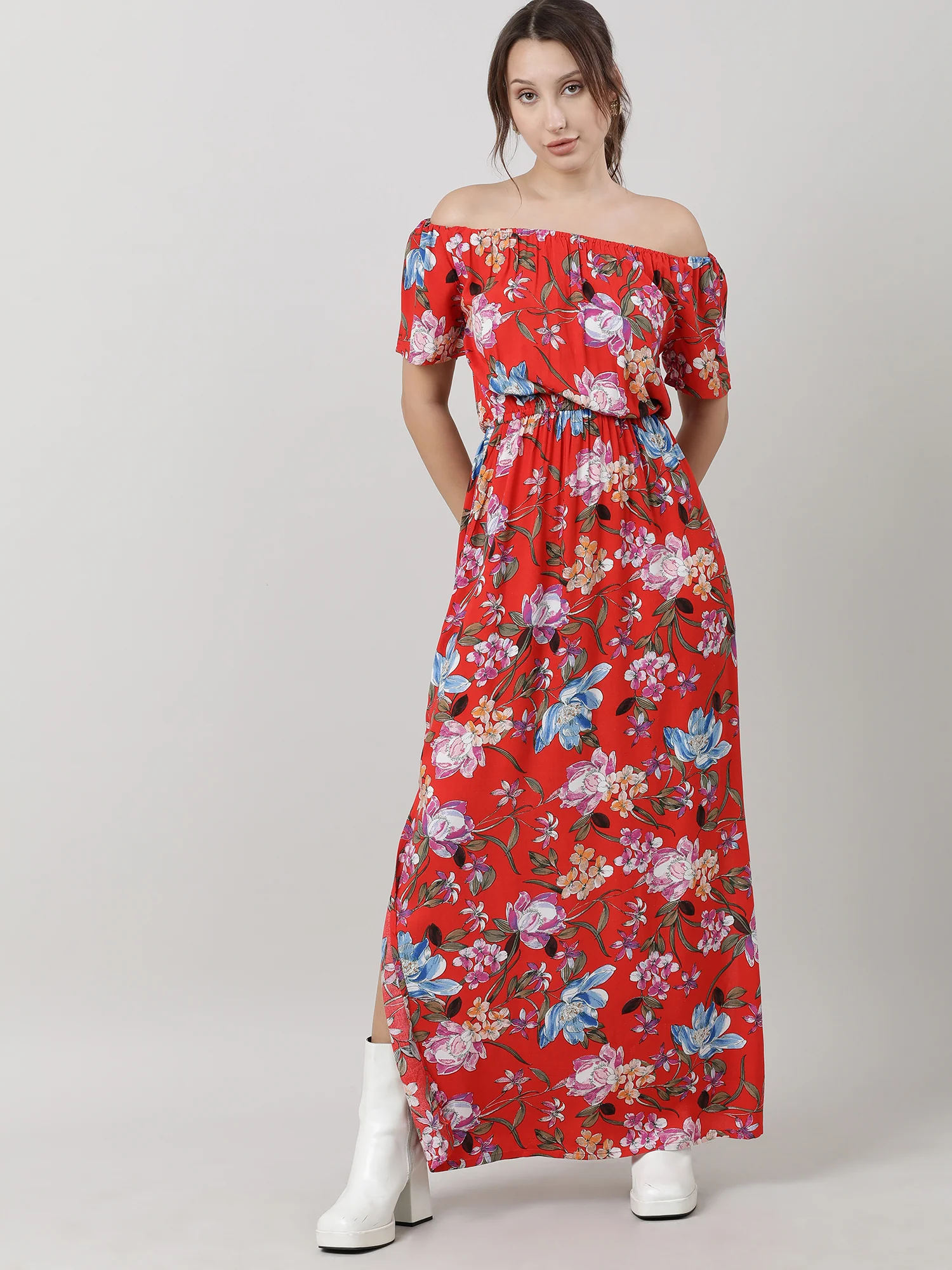 Women Red Floral Off Shoulder Maxi Dress - Image 7