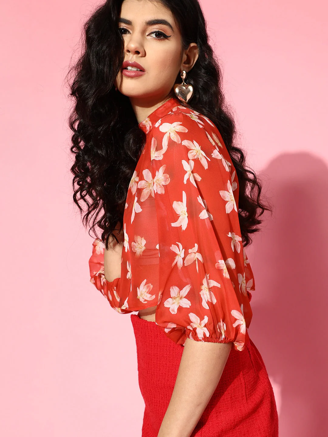Women Red Floral Organza Boxy Top - Image 3
