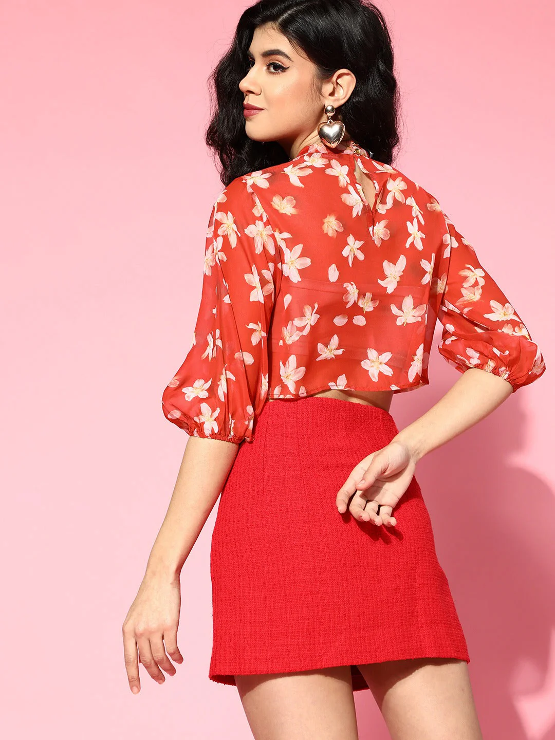 Women Red Floral Organza Boxy Top - Image 4