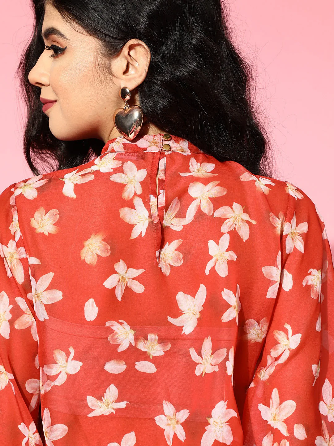 Women Red Floral Organza Boxy Top - Image 5