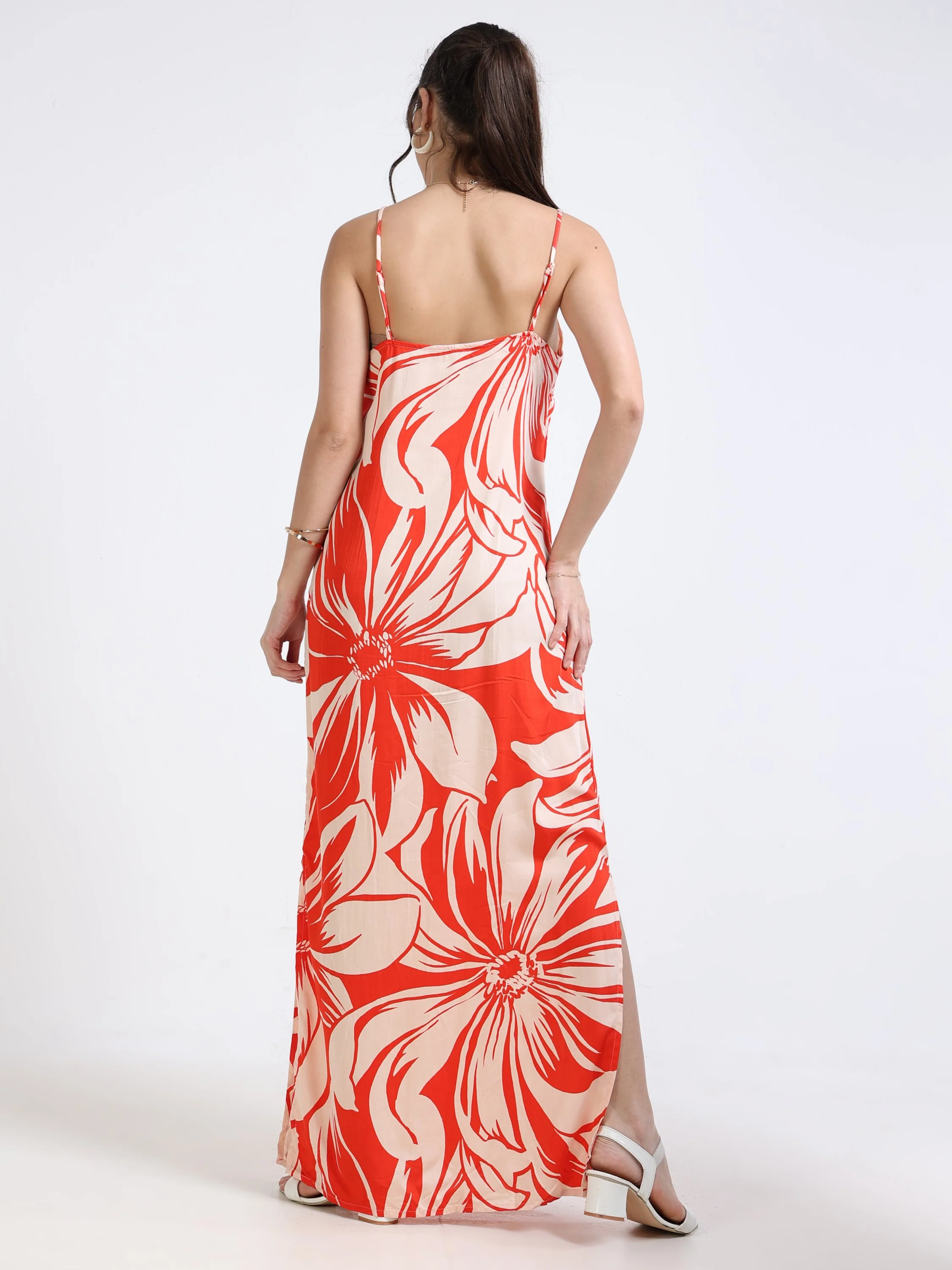 Women Satin Floral Slit Dress - Image 2