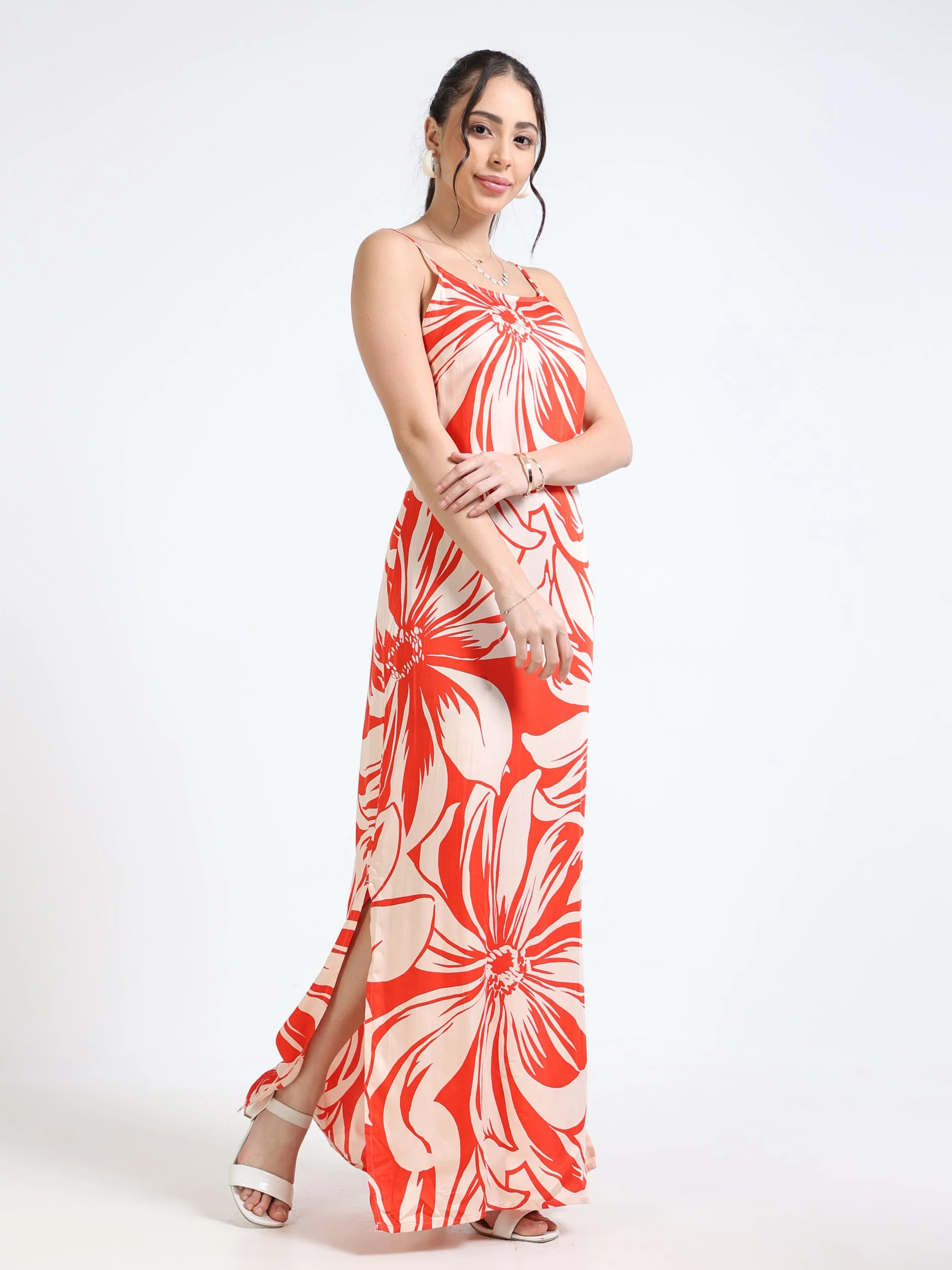 Women Satin Floral Slit Dress - Image 4
