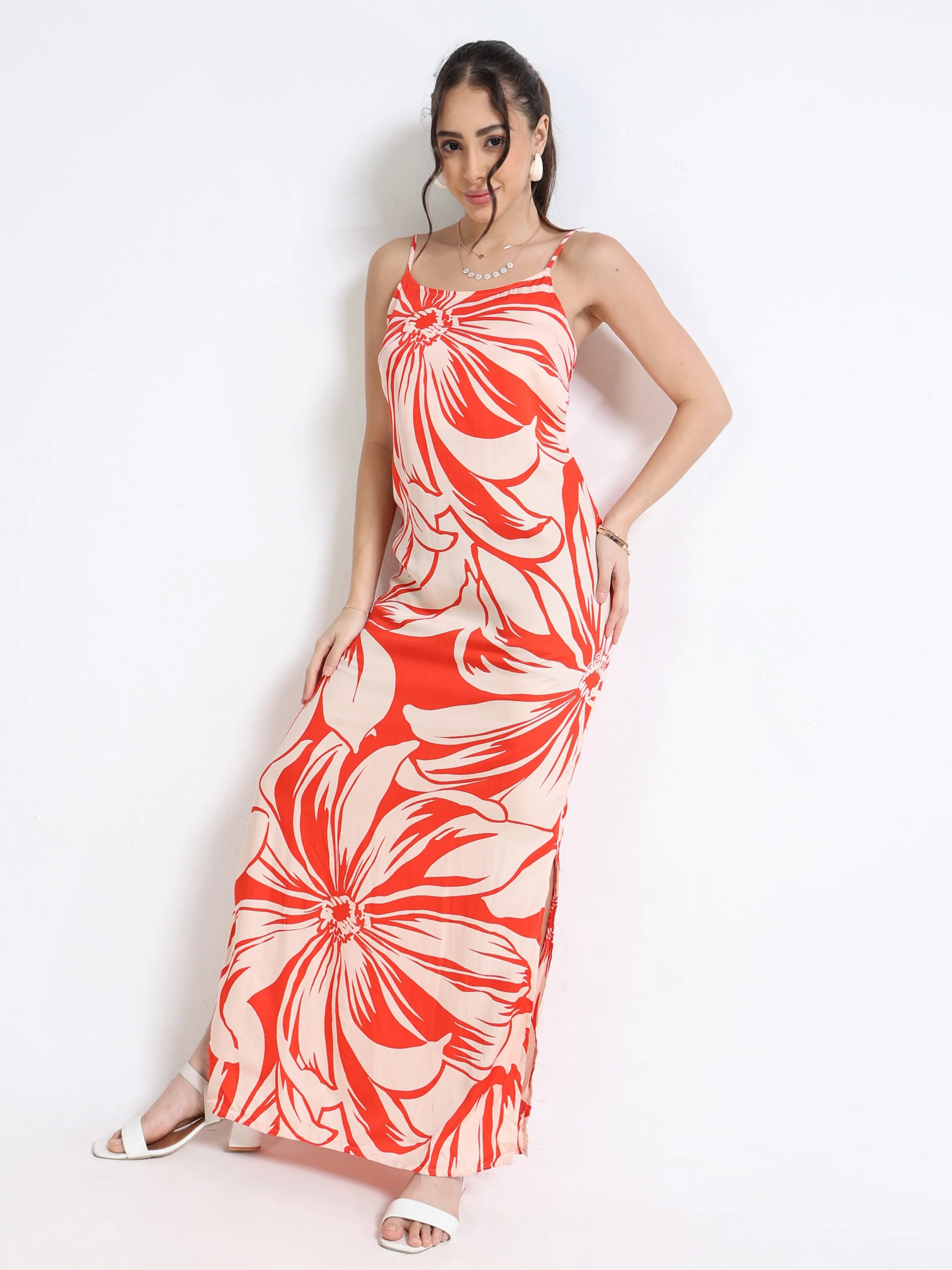 Women Satin Floral Slit Dress - Image 6