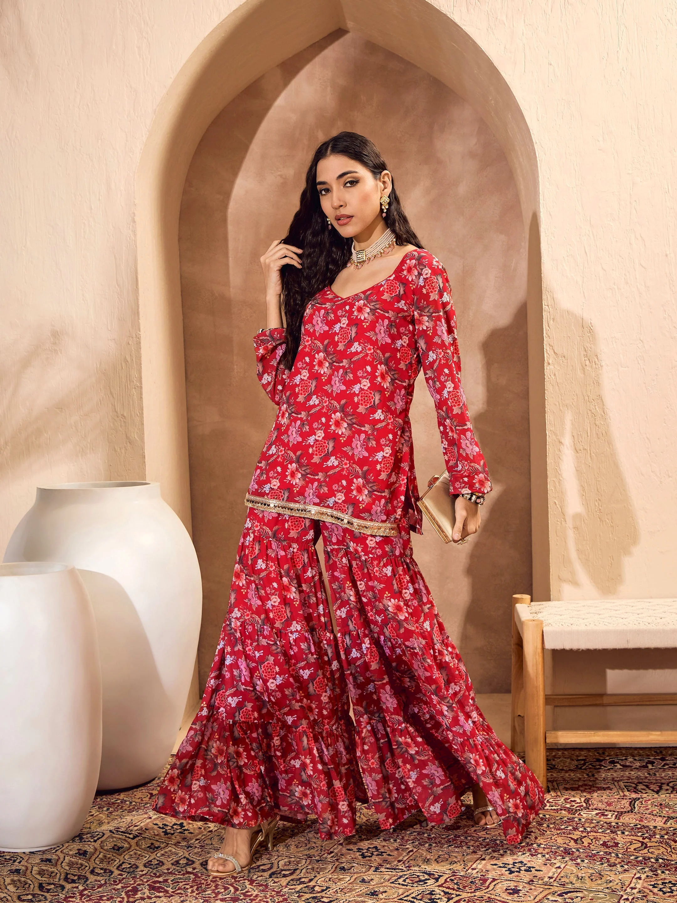 Women Red Floral Short Kurta With Tiered Sharara - Image 2