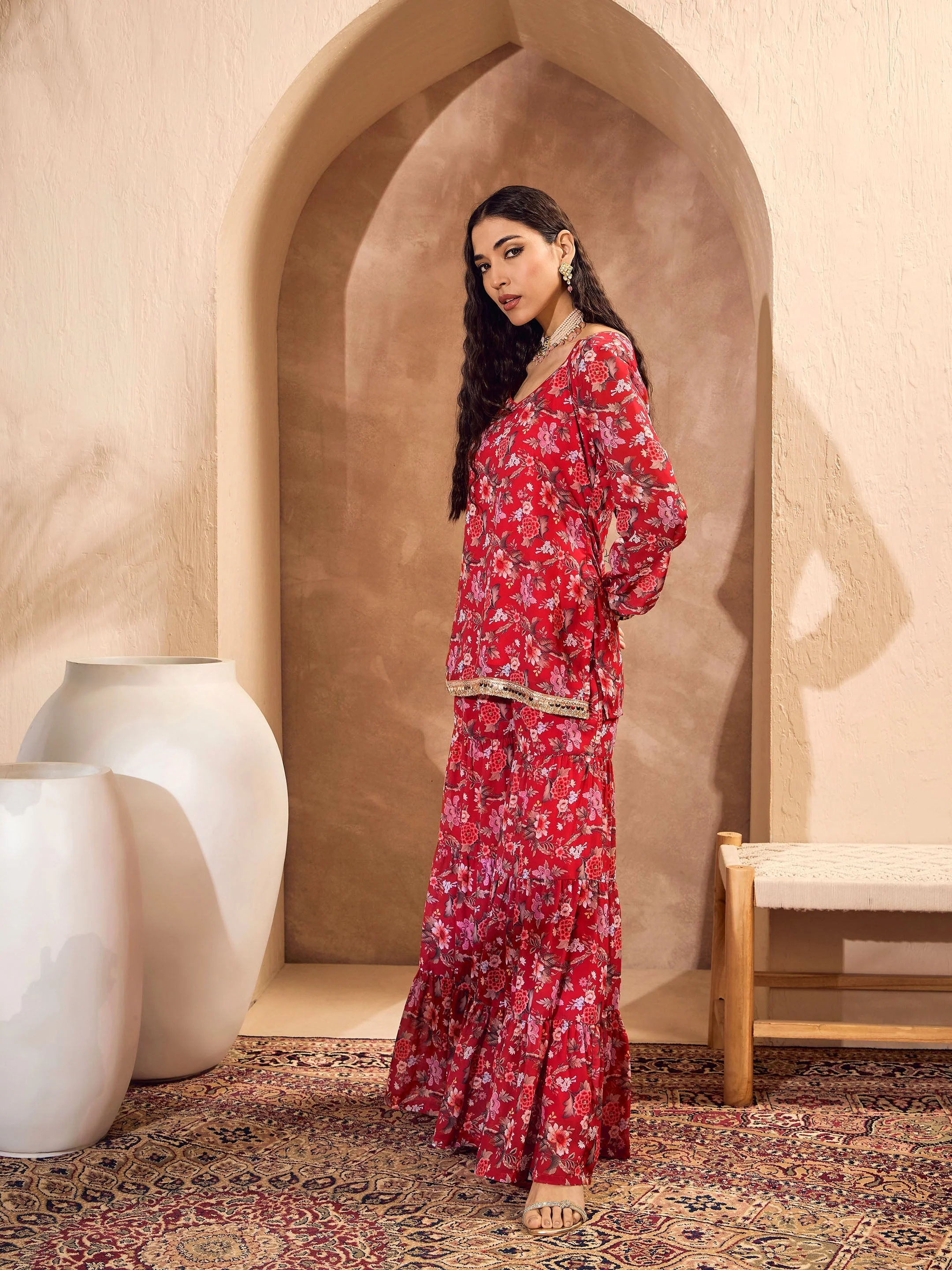 Women Red Floral Short Kurta With Tiered Sharara - Image 3