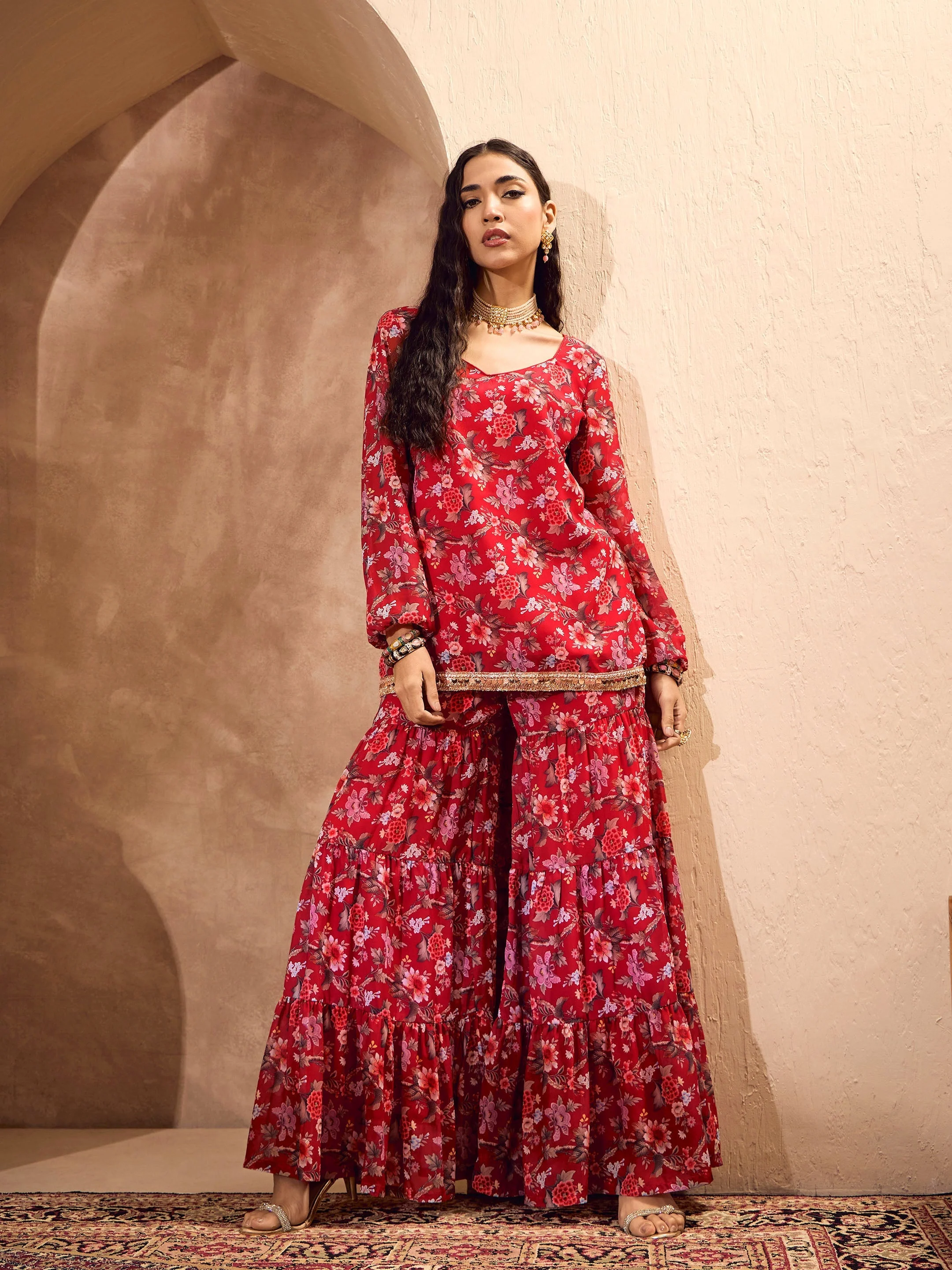 Women Red Floral Short Kurta With Tiered Sharara - Image 5