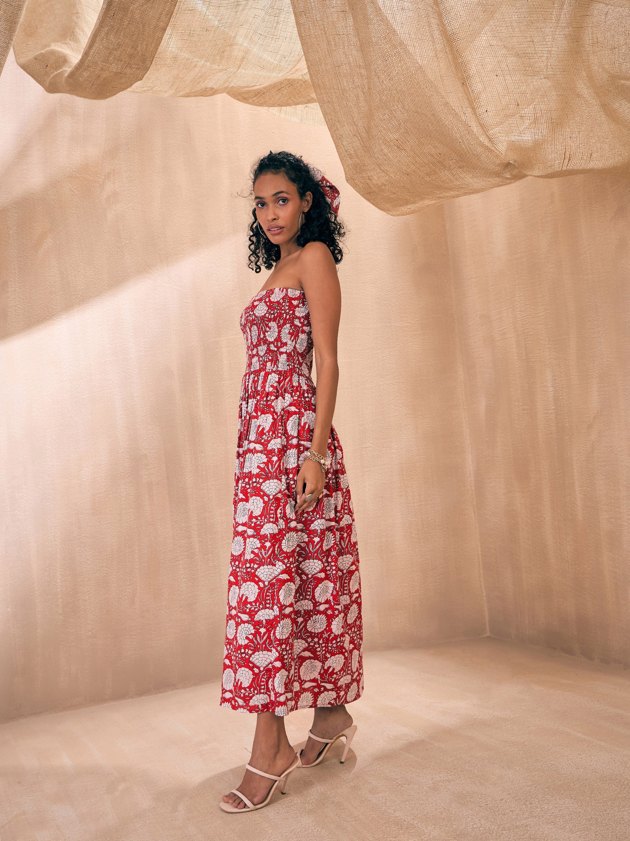 Women Red Floral Smocked Bust Tube Maxi - Image 2