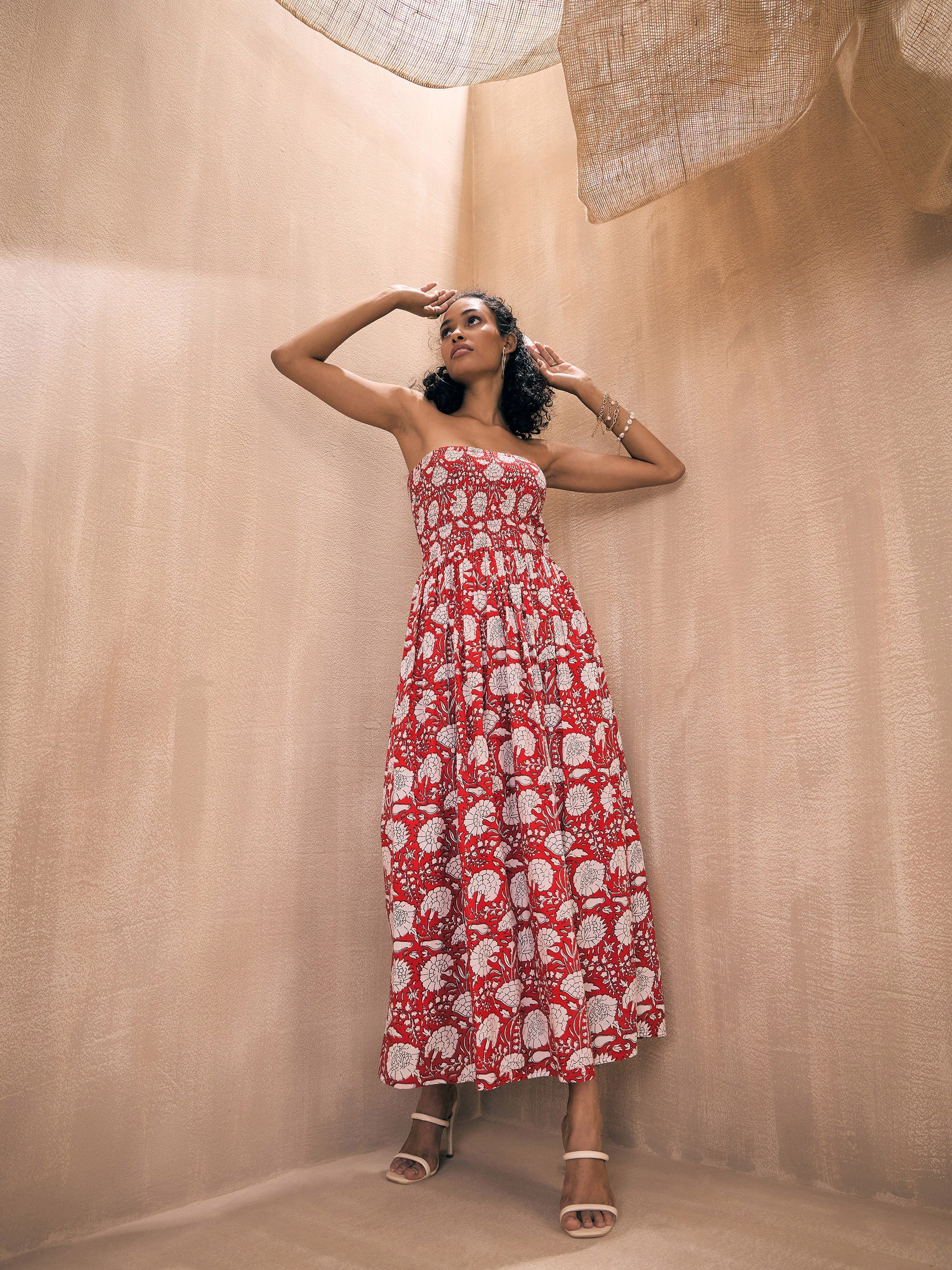 Women Red Floral Smocked Bust Tube Maxi - Image 4