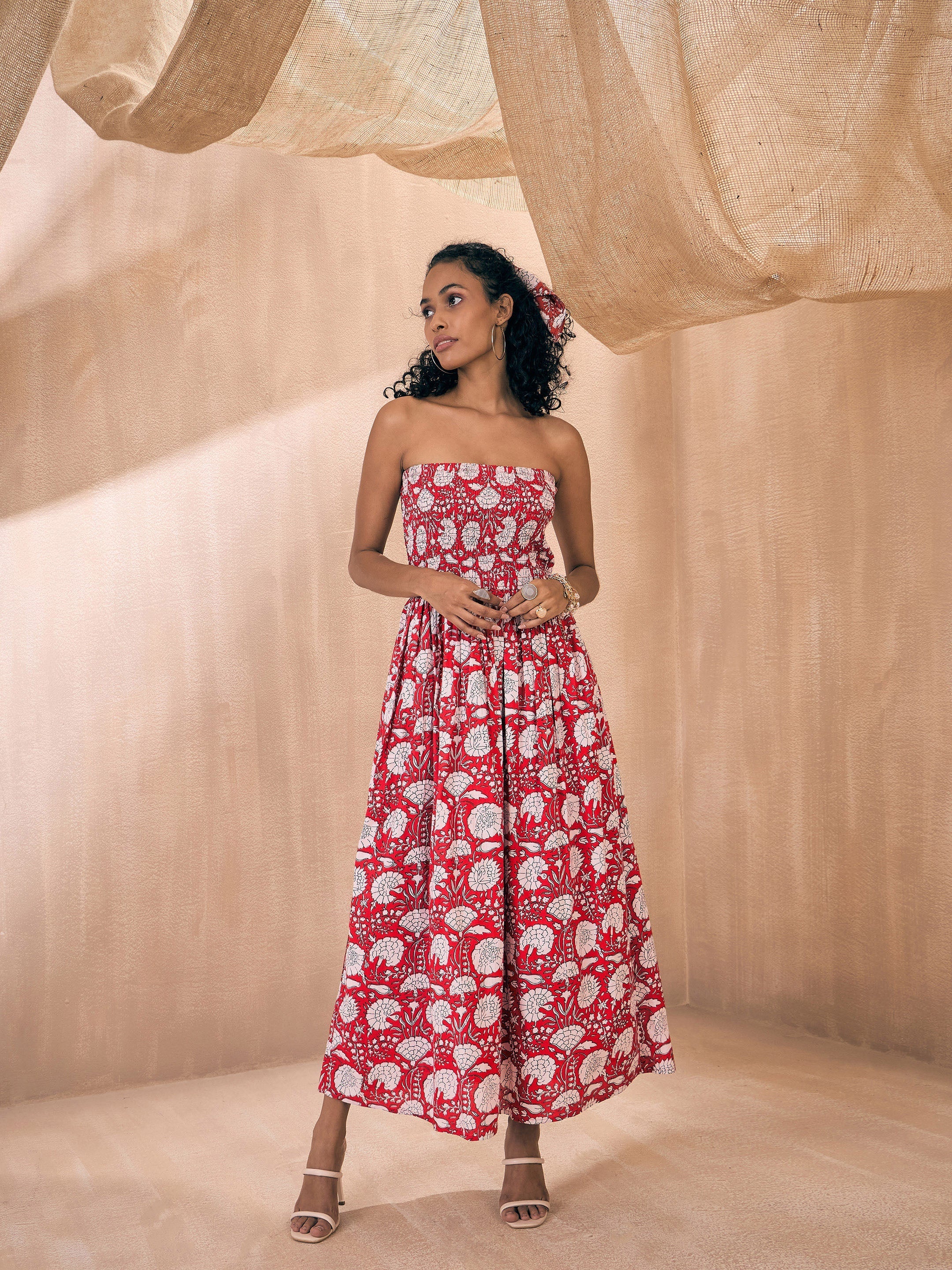 Women Red Floral Smocked Bust Tube Maxi - Image 5