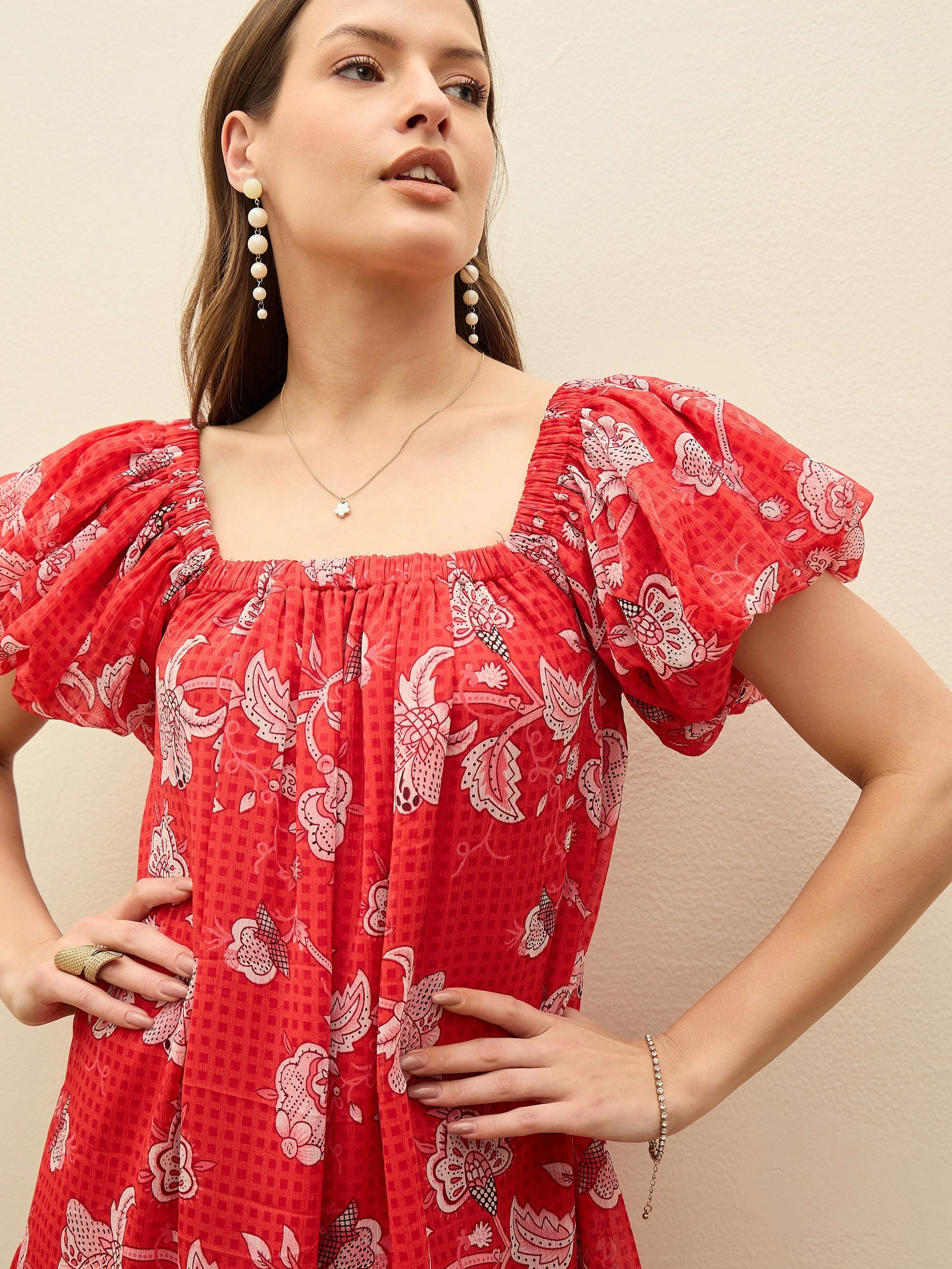 Women Red Floral Square Neck Balloon Sleeve Short Dress - Image 4