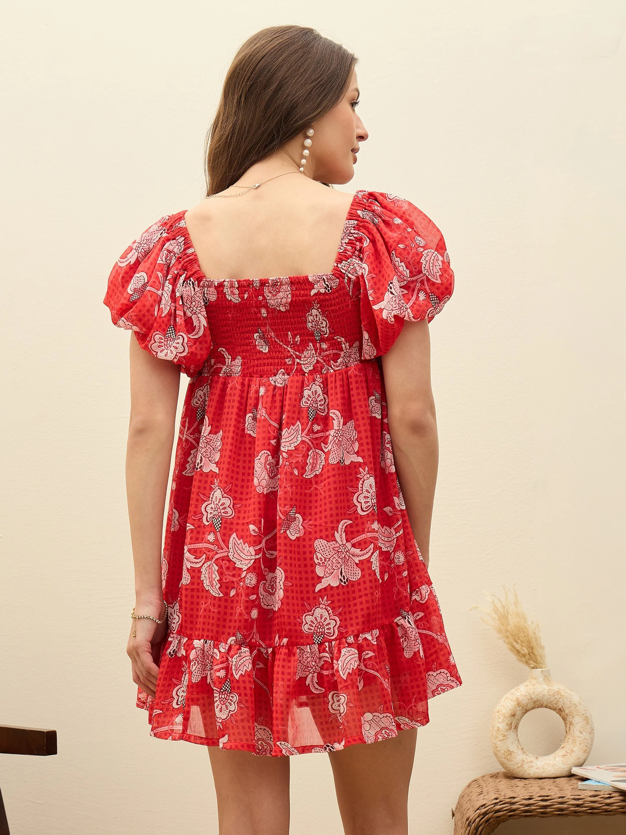 Women Red Floral Square Neck Balloon Sleeve Short Dress - Image 5