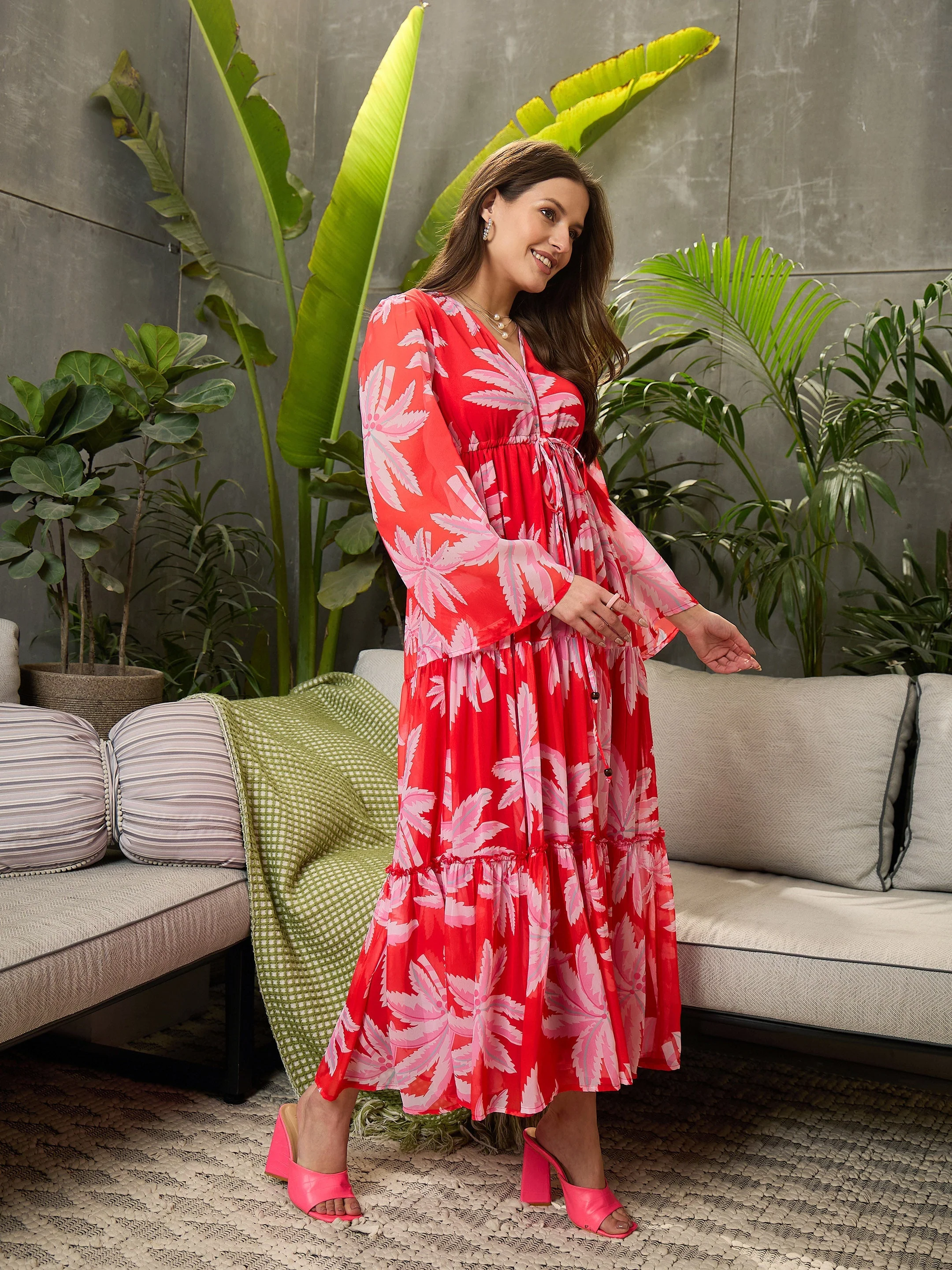 Women Red Floral Tiered Maxi Dress - Image 3