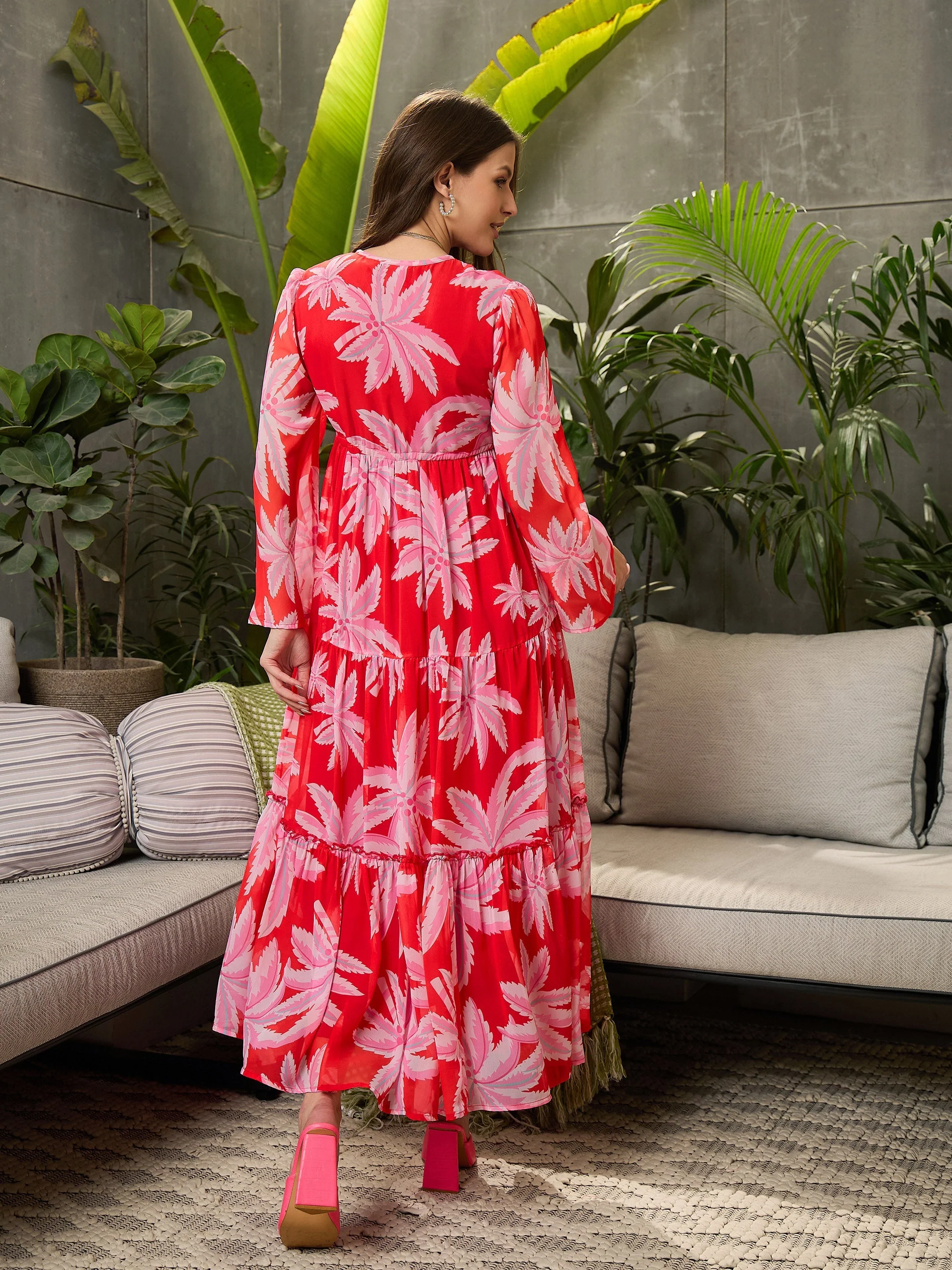 Women Red Floral Tiered Maxi Dress - Image 5