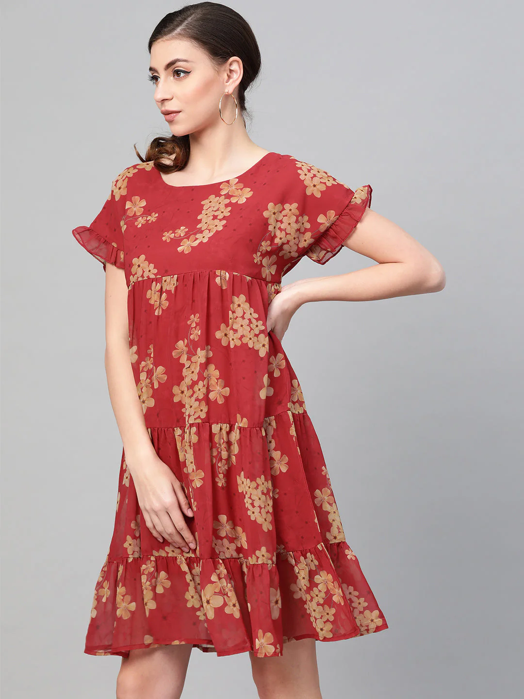 Women Red Floral Tiered Trapeze Dress - Image 2