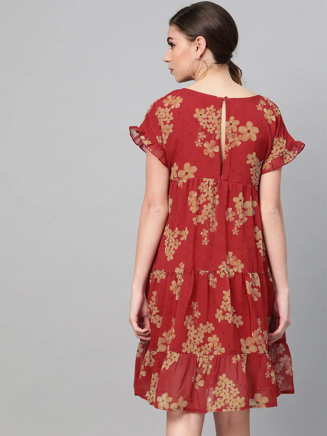 Women Red Floral Tiered Trapeze Dress - Image 3