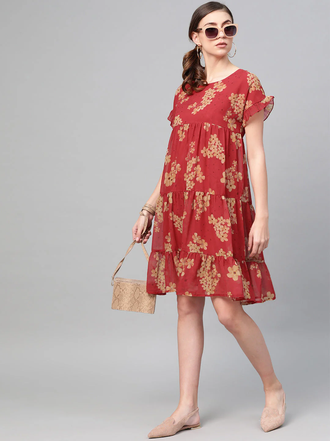 Women Red Floral Tiered Trapeze Dress - Image 4