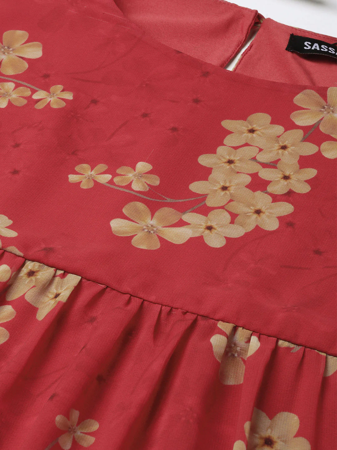Women Red Floral Tiered Trapeze Dress - Image 5