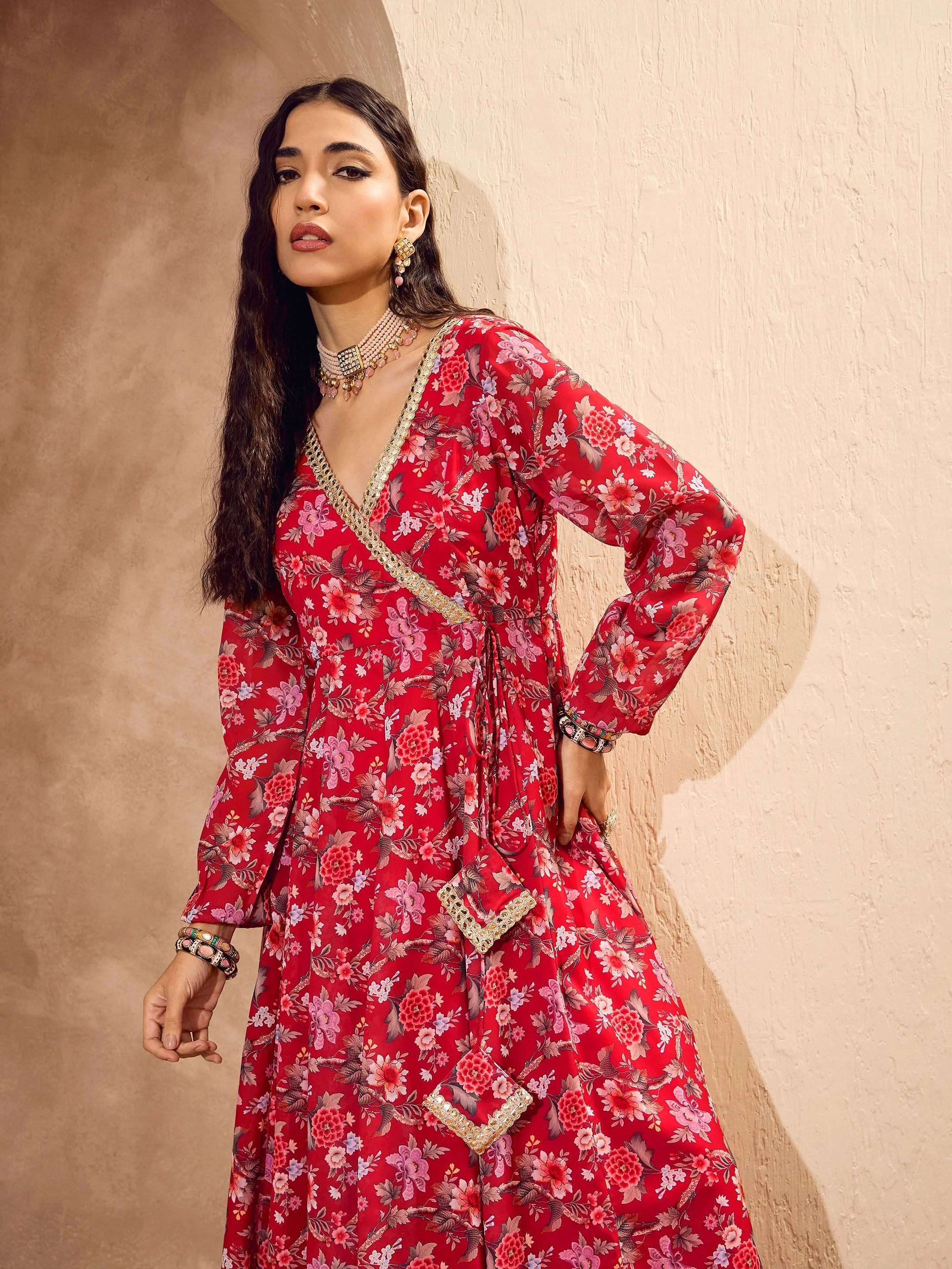 Women Red Floral Wrap Anarkali Kurta With Palazzos - Image 2