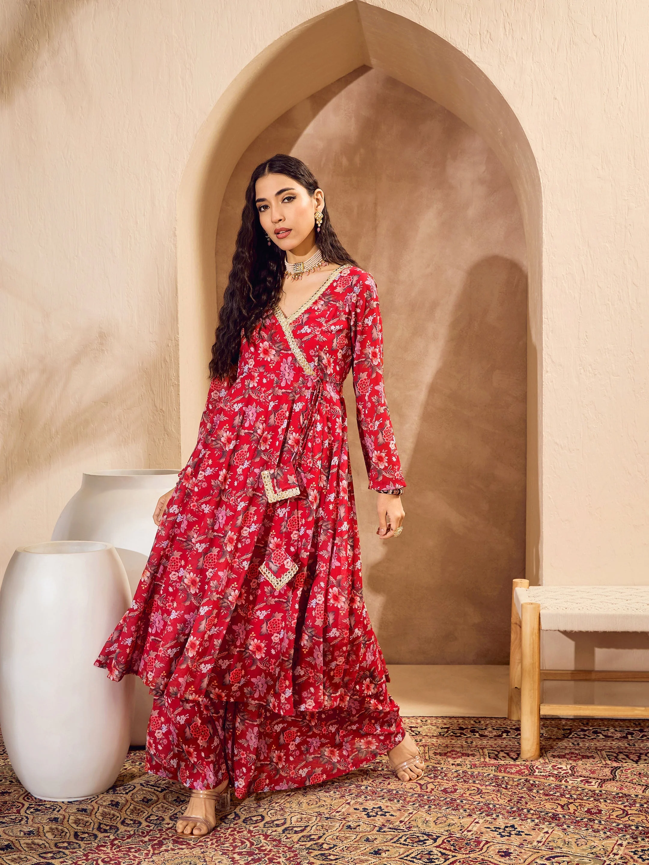 Women Red Floral Wrap Anarkali Kurta With Palazzos - Image 3