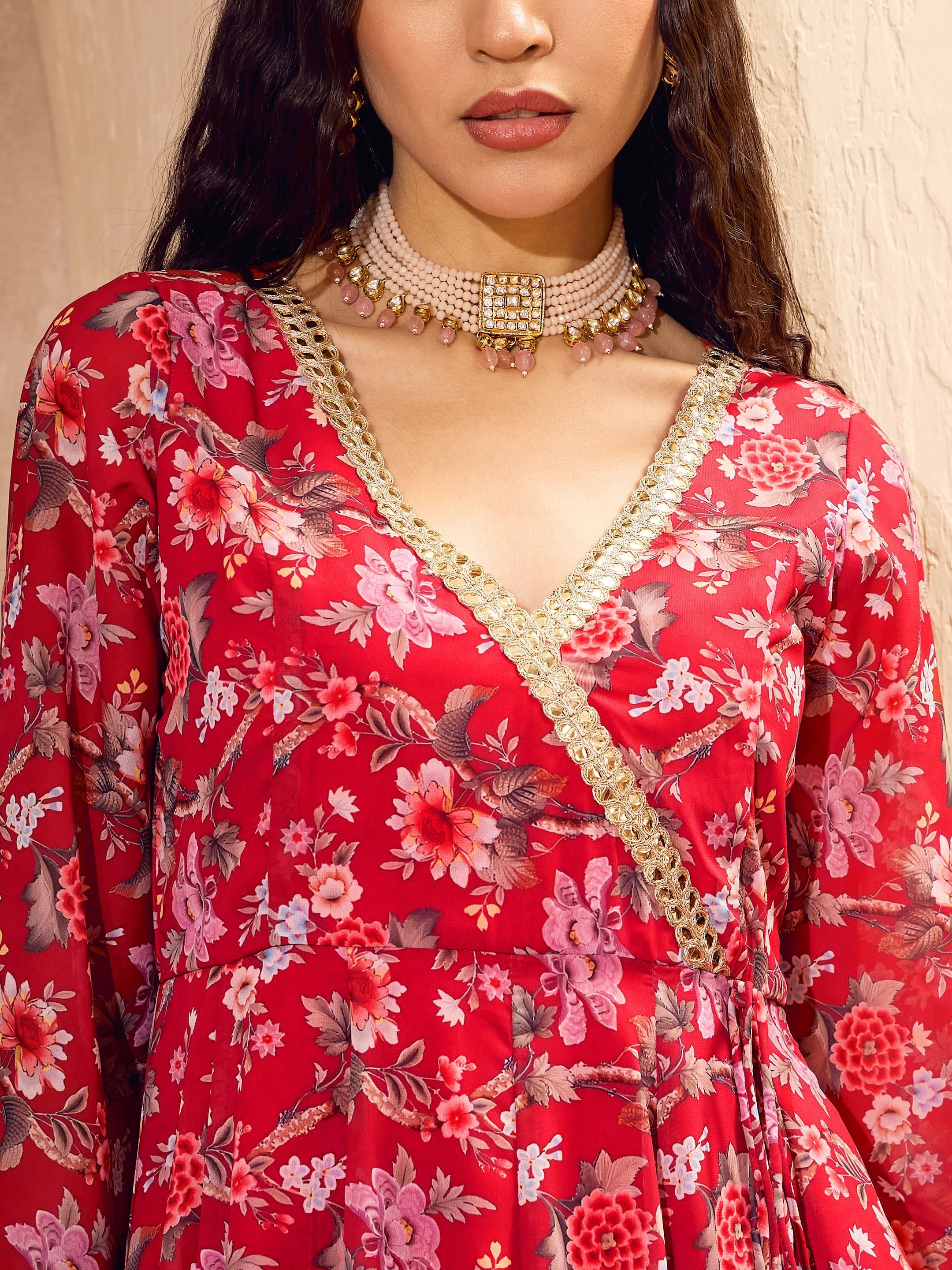Women Red Floral Wrap Anarkali Kurta With Palazzos - Image 4