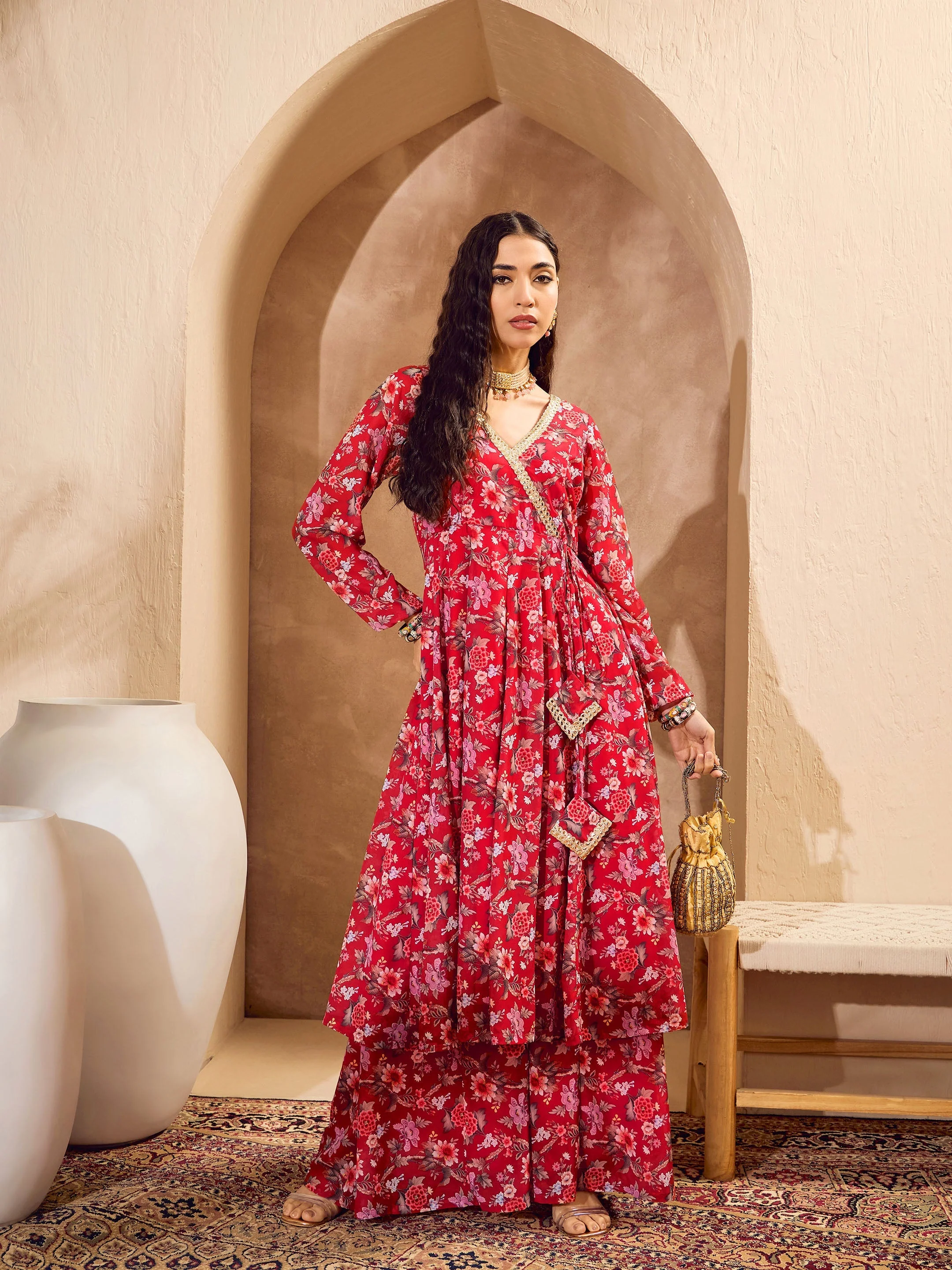 Women Red Floral Wrap Anarkali Kurta With Palazzos - Image 5