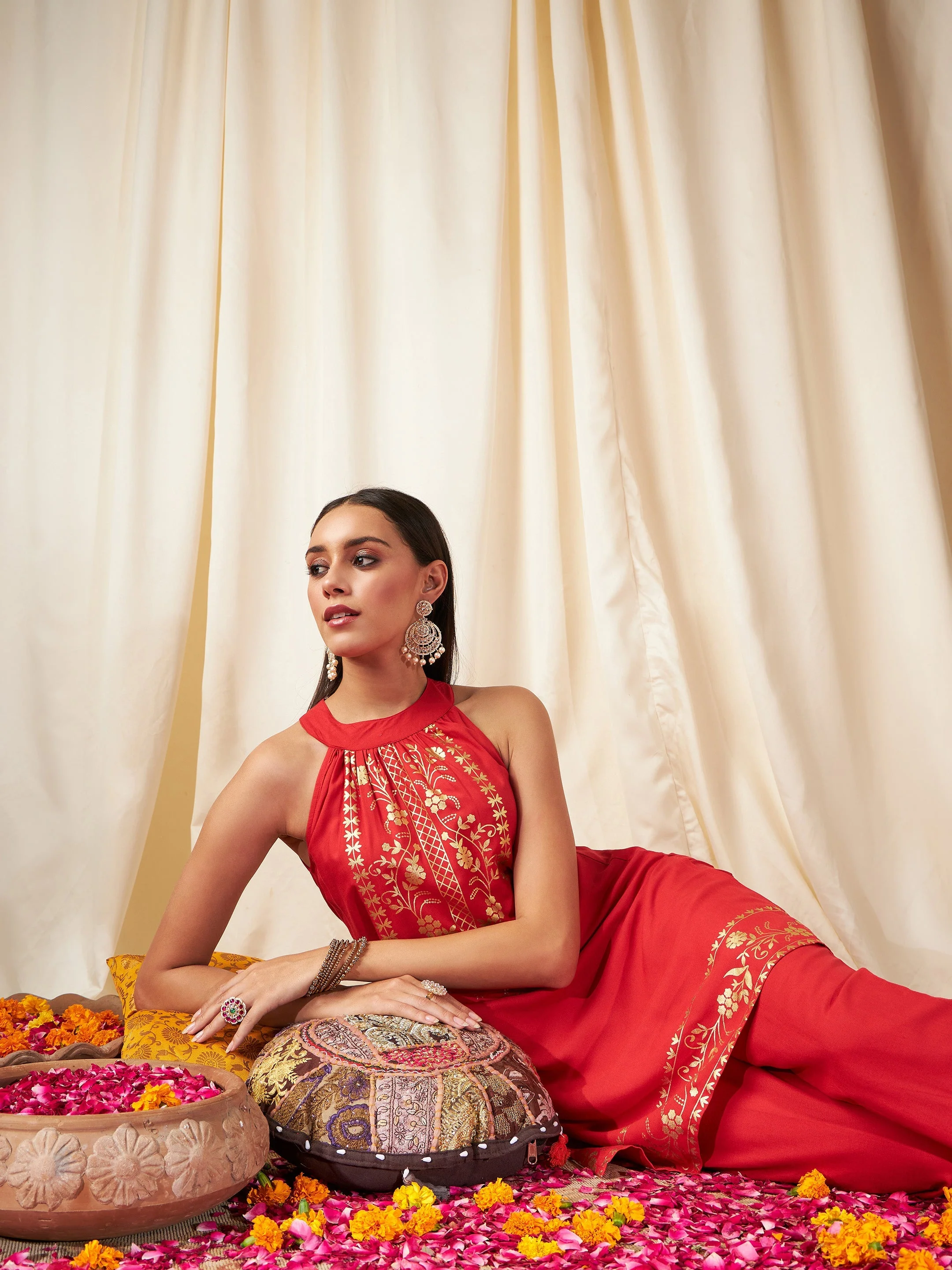 Women Red Foil Print Halter Neck Kurta With Pants - Image 2