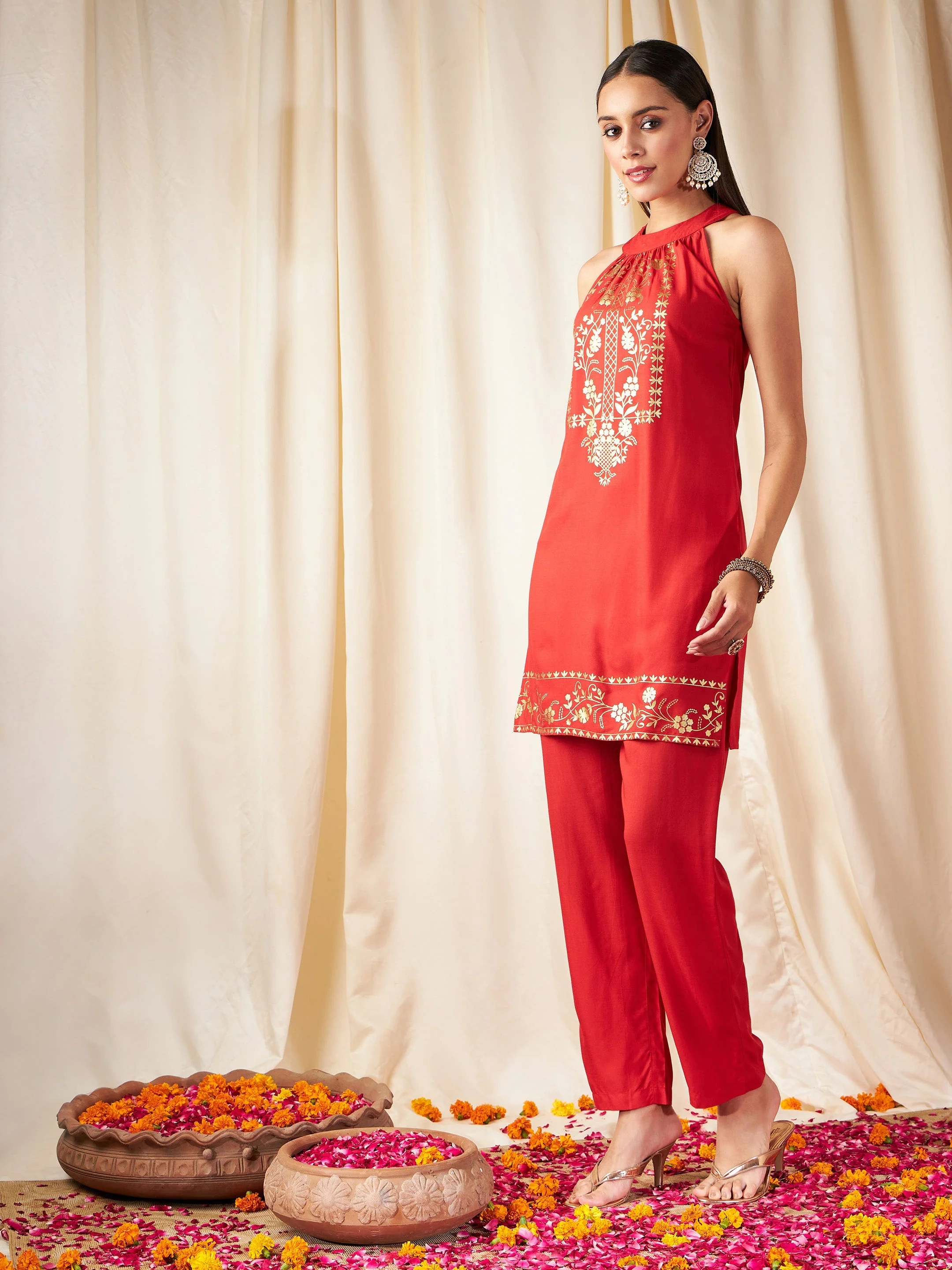 Women Red Foil Print Halter Neck Kurta With Pants - Image 3