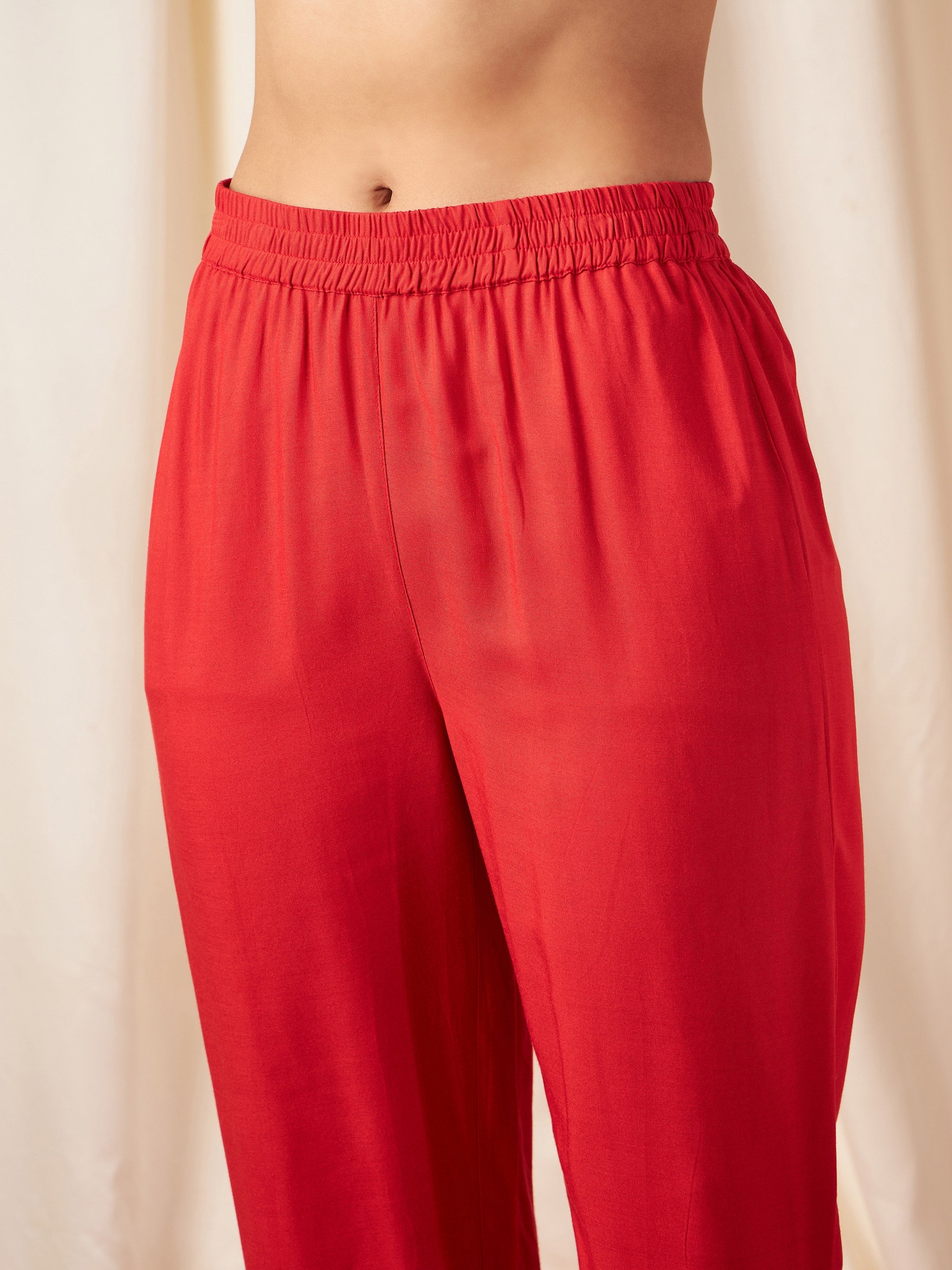 Women Red Foil Print Halter Neck Kurta With Pants - Image 5