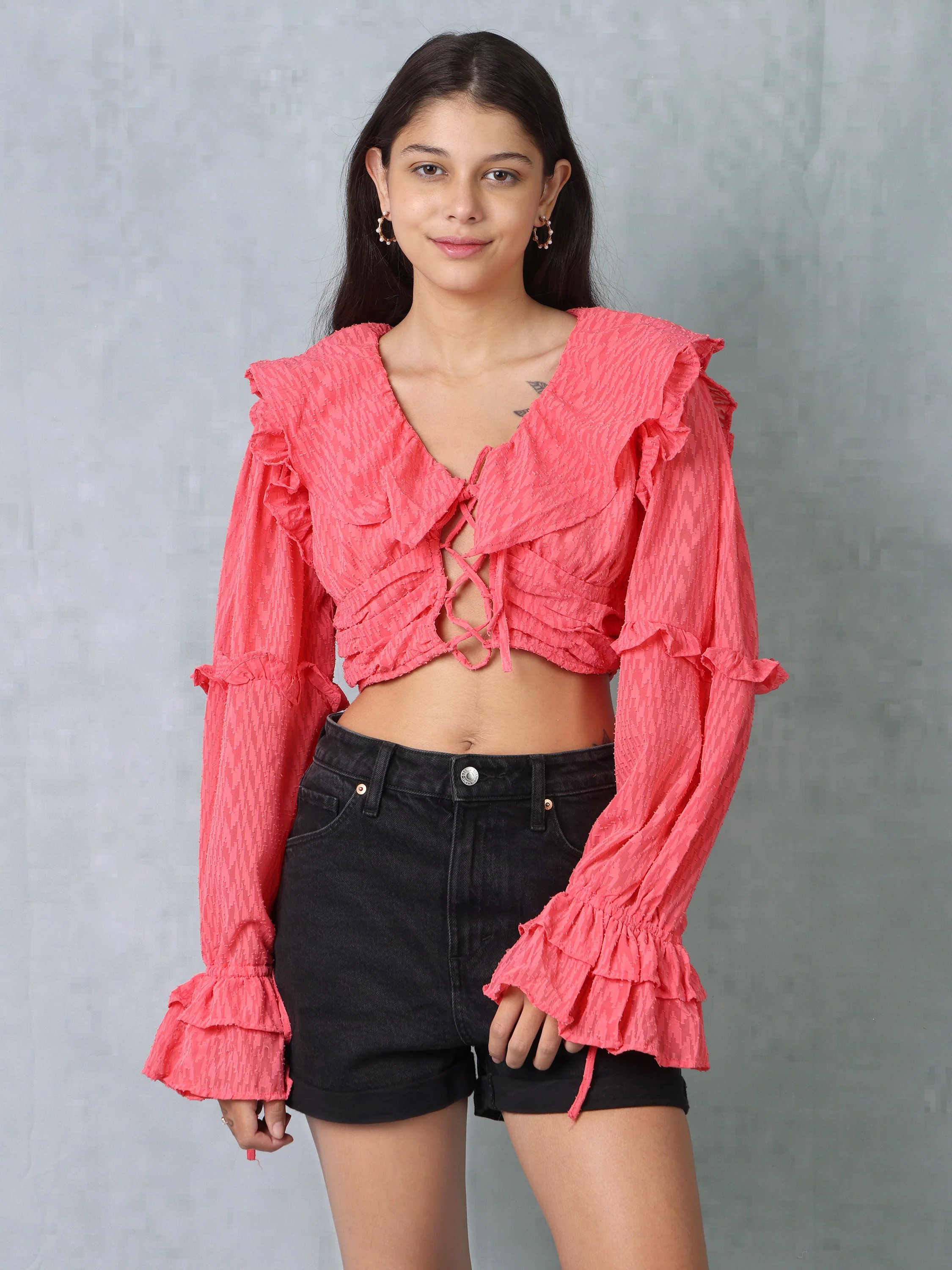 Women Red Frilled Crop Top - Image 2