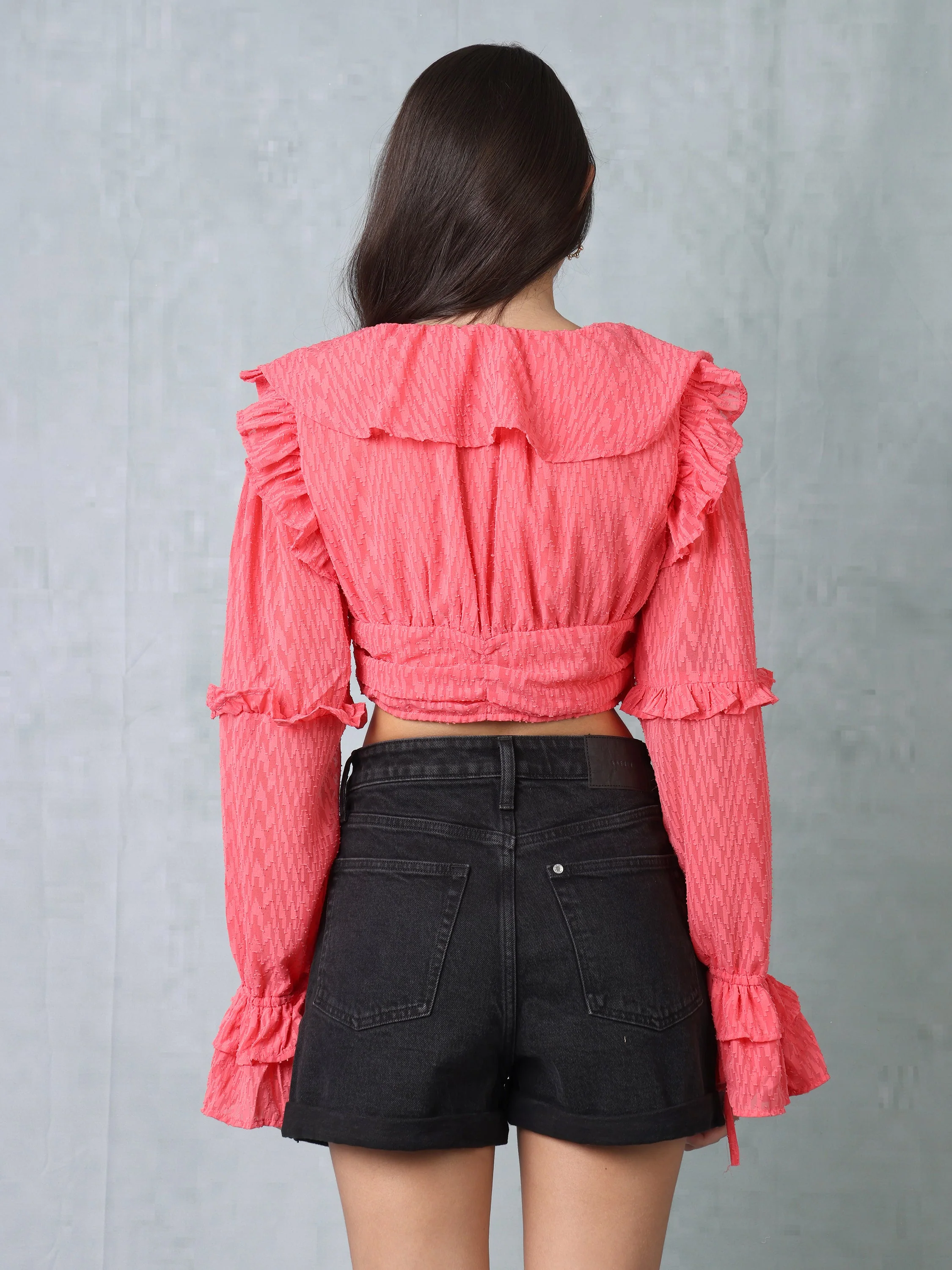 Women Red Frilled Crop Top - Image 4