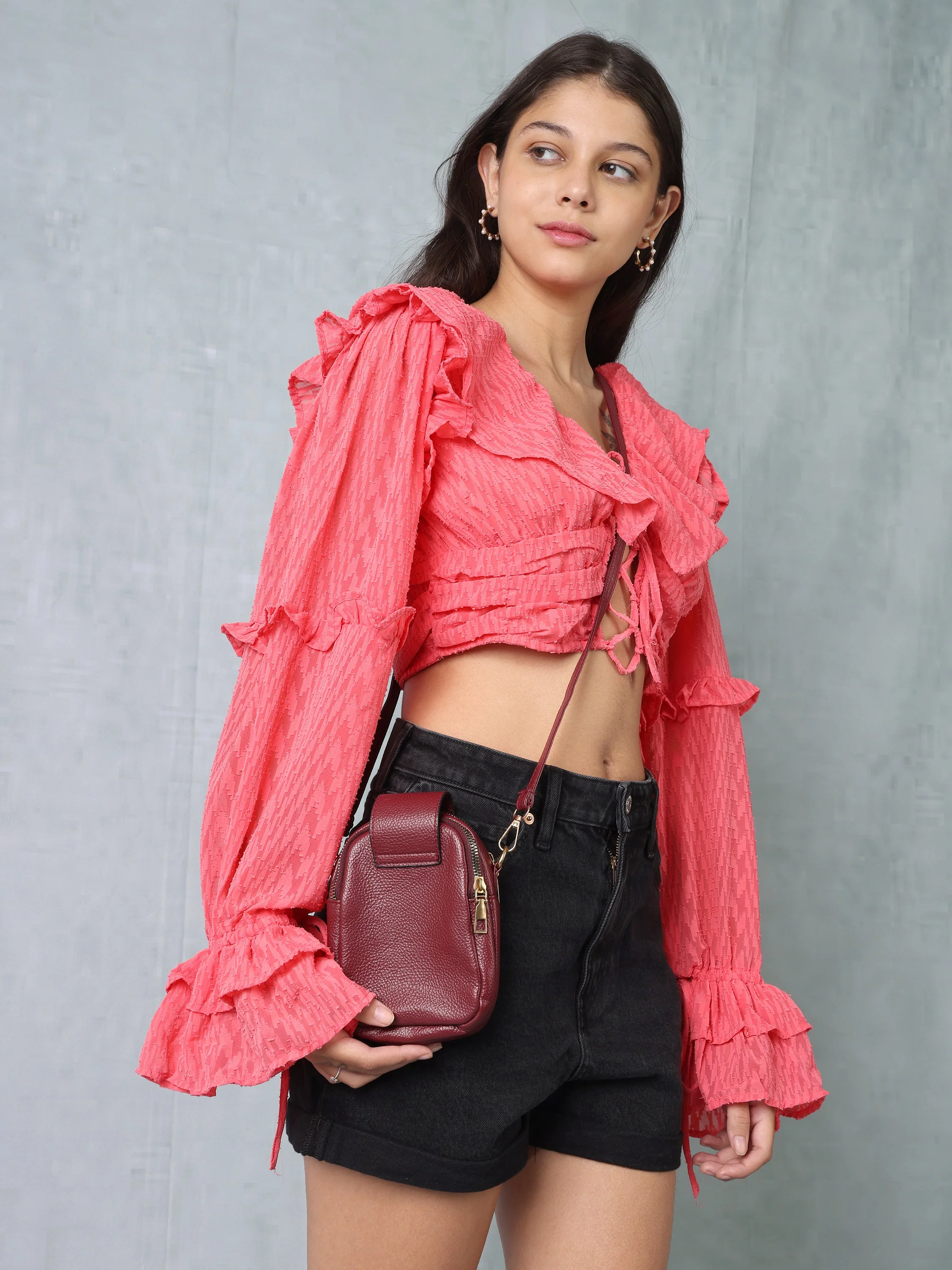 Women Red Frilled Crop Top - Image 5