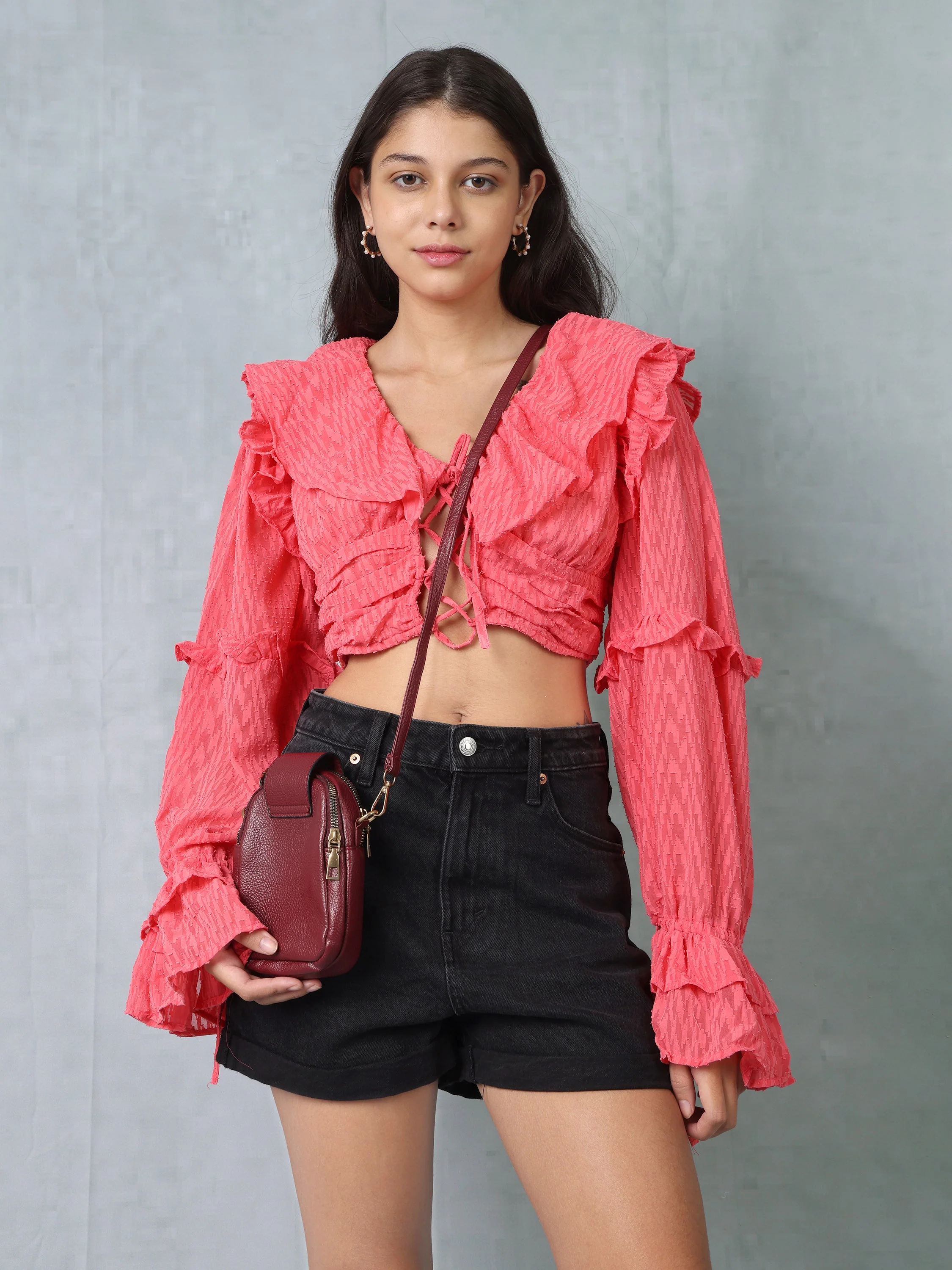 Women Red Frilled Crop Top - Image 6