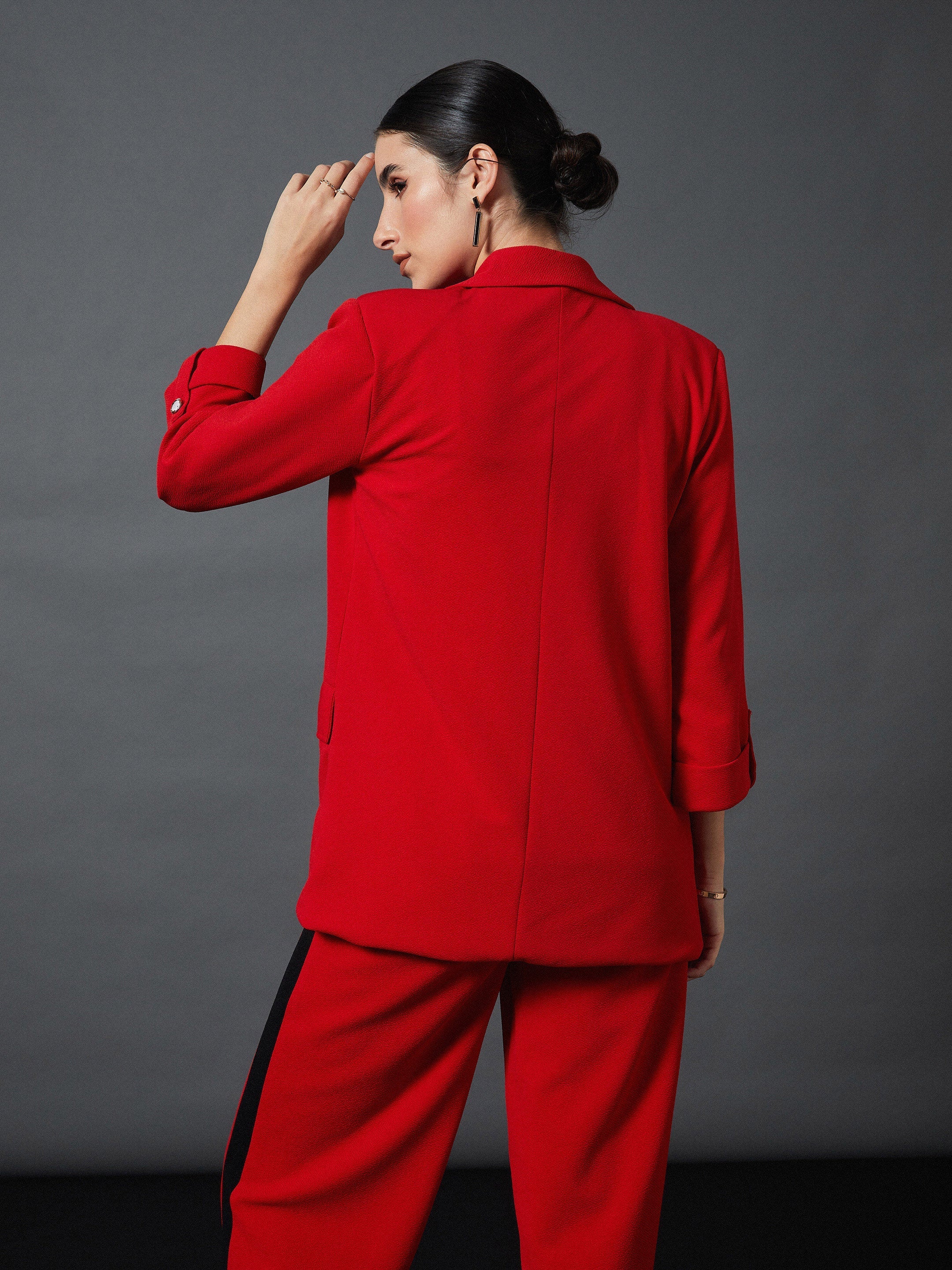 Women Red Front Button Blazer - Image 2