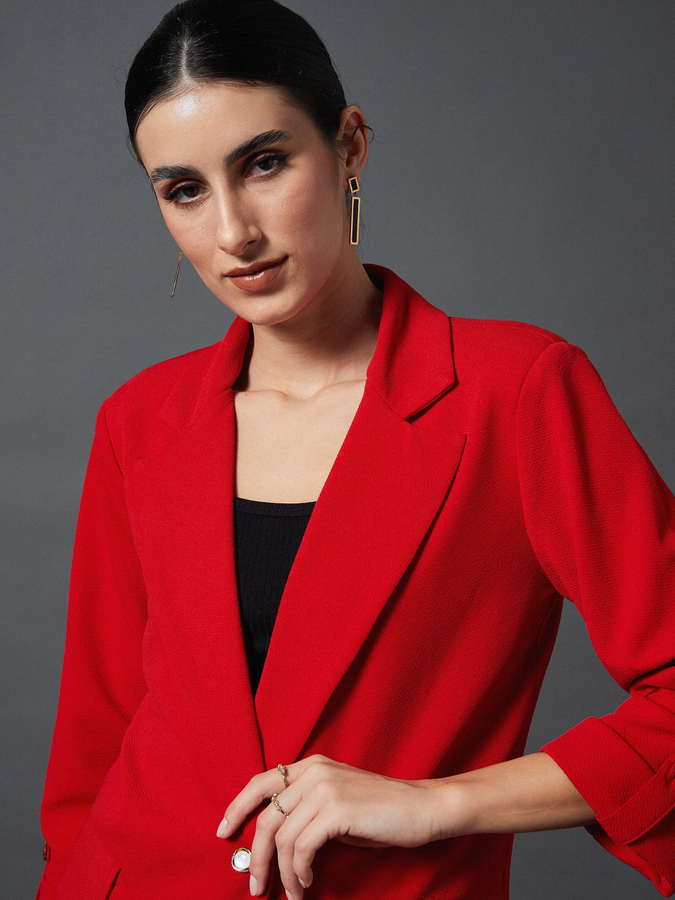 Women Red Front Button Blazer - Image 3