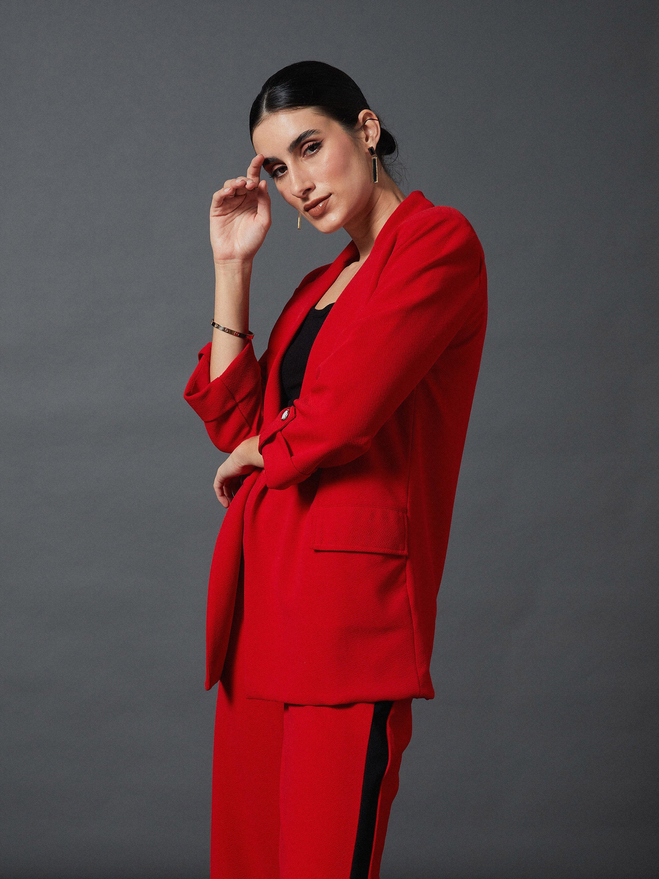 Women Red Front Button Blazer - Image 4