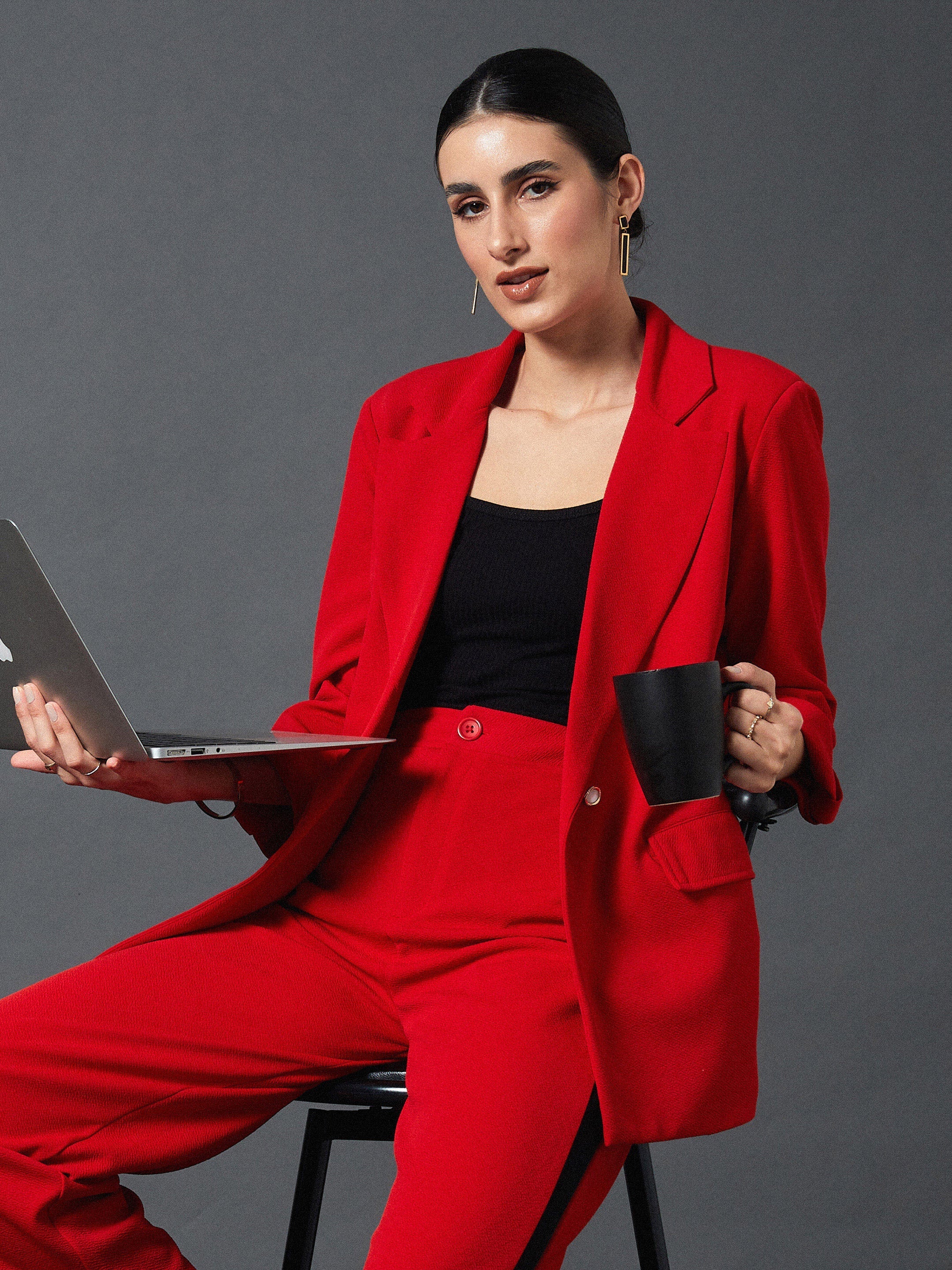 Women Red Front Button Blazer - Image 5