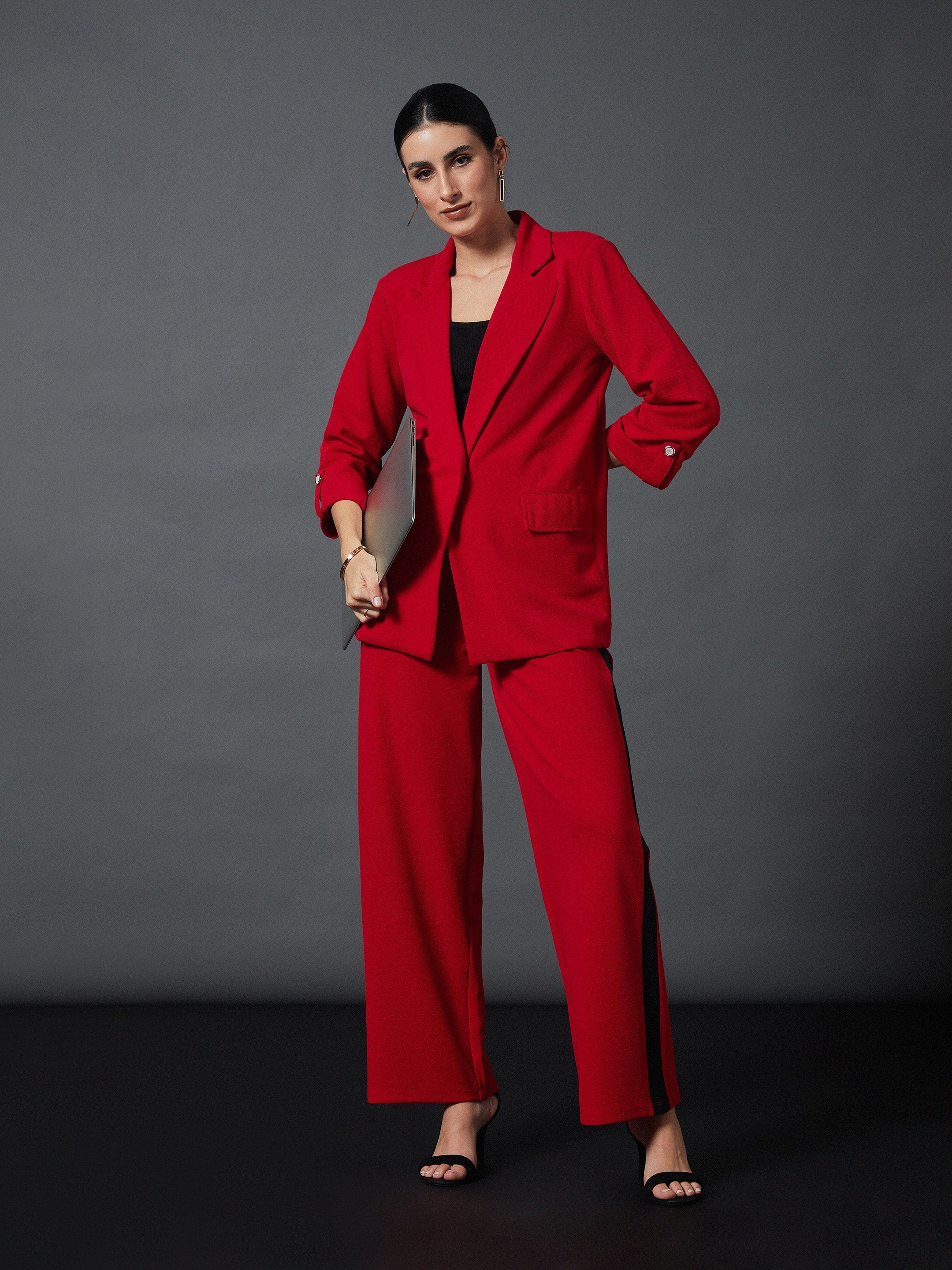 Women Red Front Button Blazer - Image 6