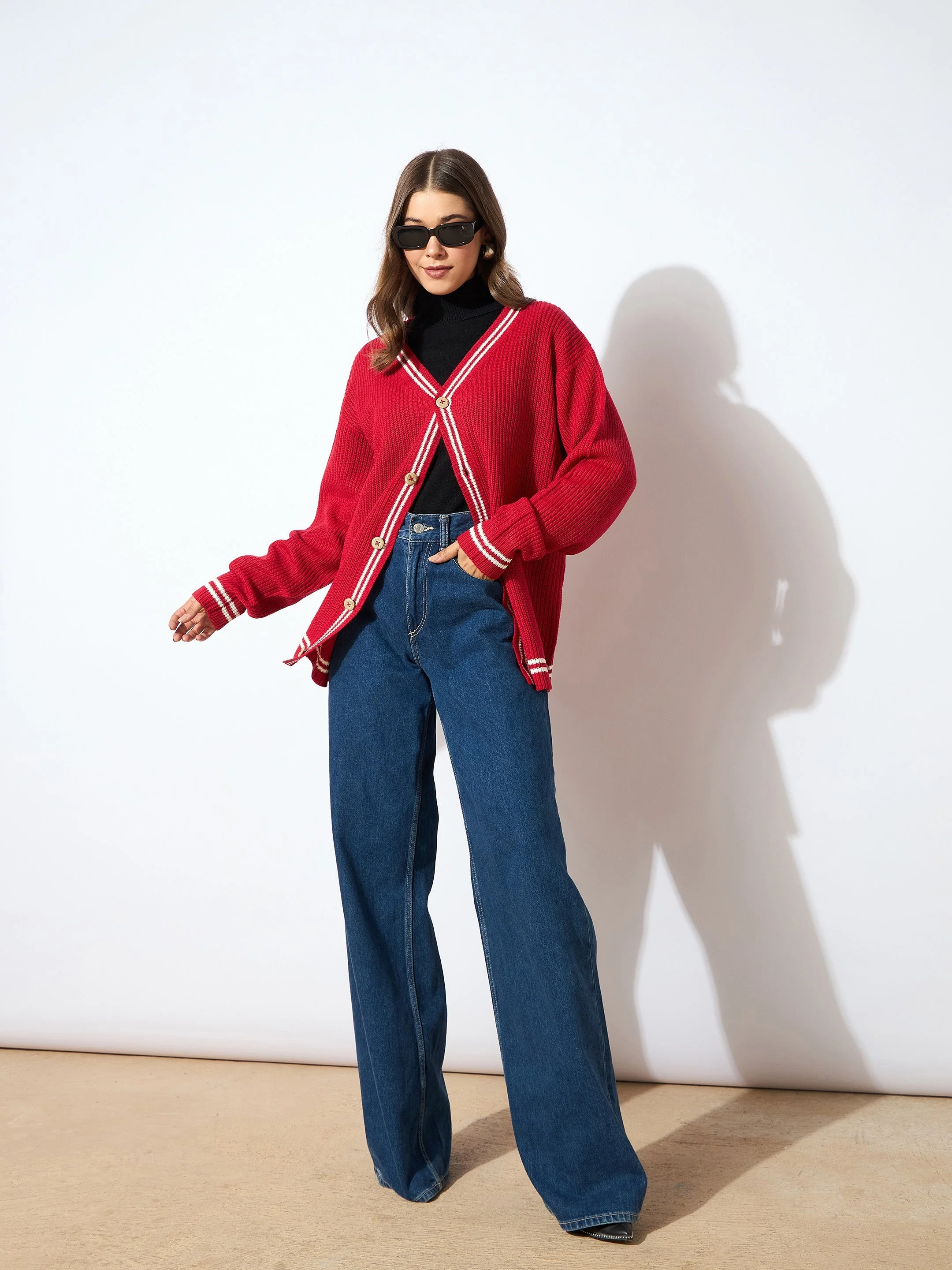 Women Red Front Button Oversized Cardigan - Image 2