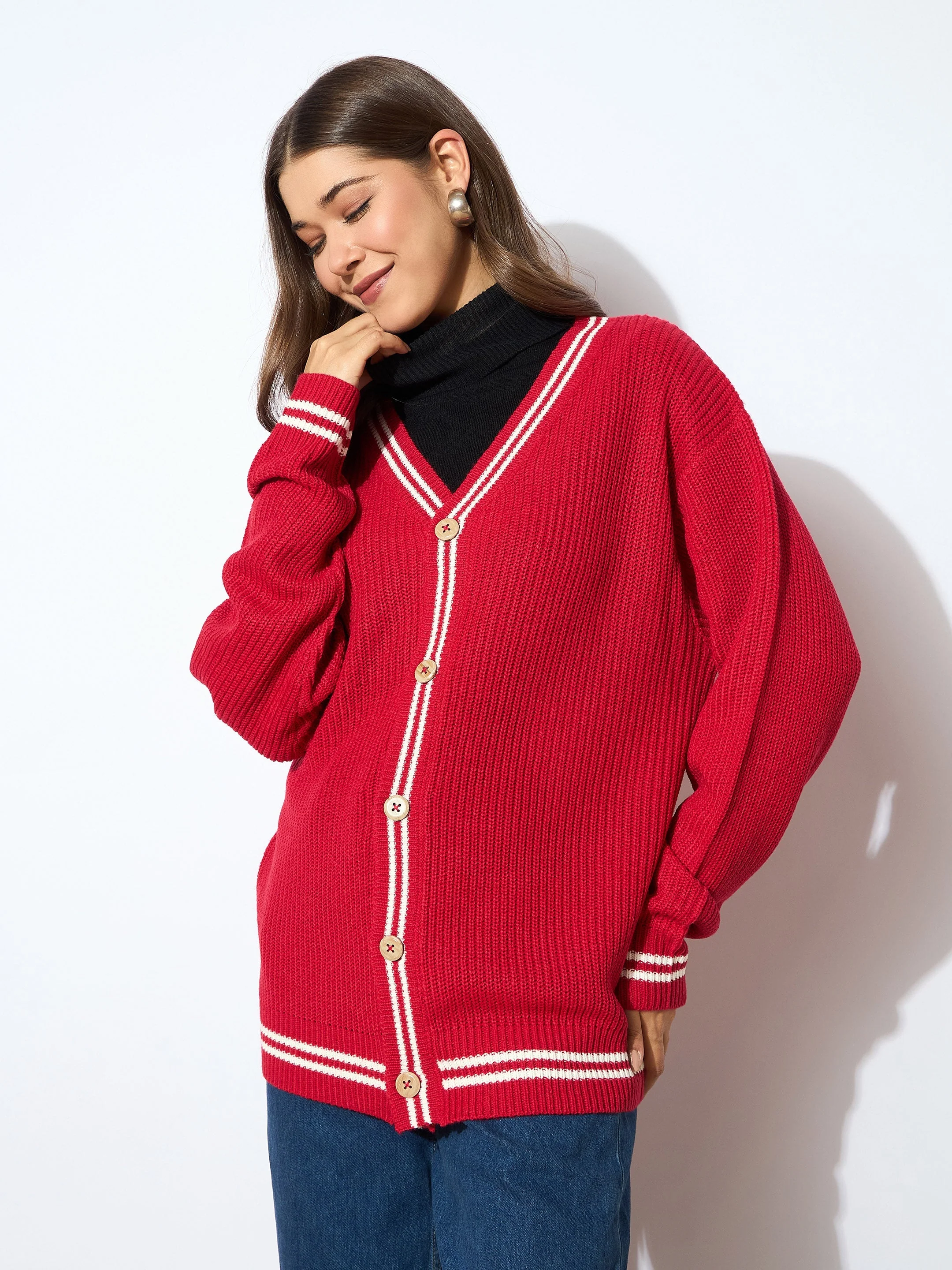 Women Red Front Button Oversized Cardigan - Image 3