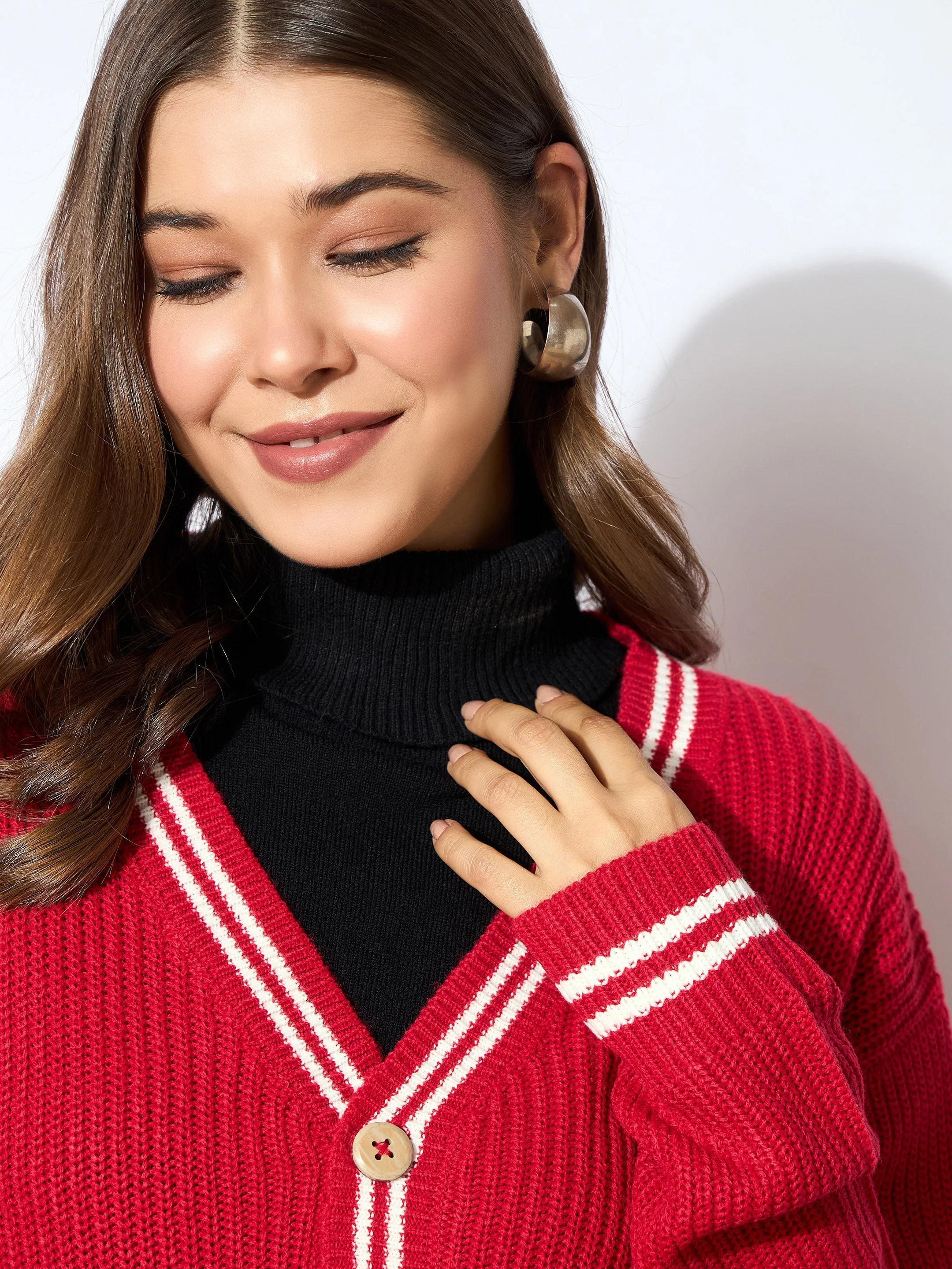 Women Red Front Button Oversized Cardigan - Image 4