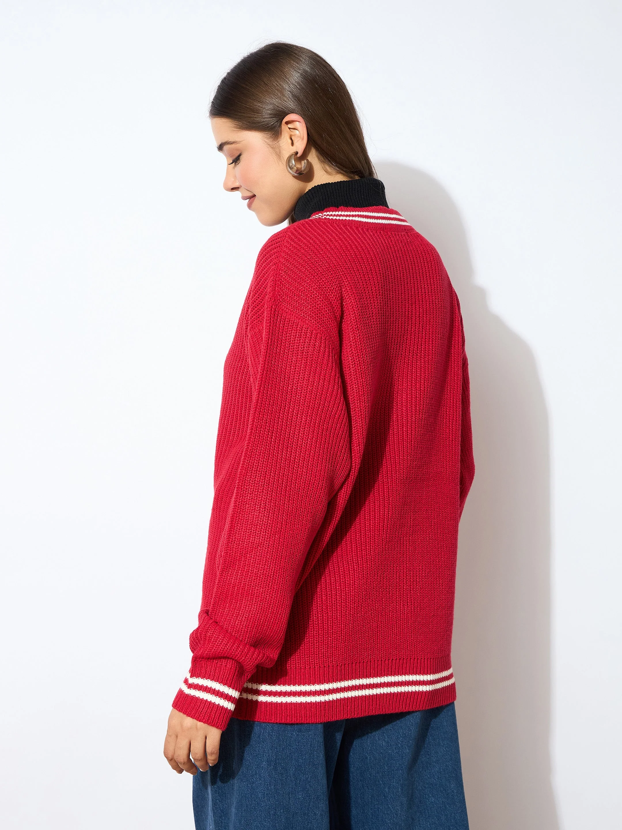 Women Red Front Button Oversized Cardigan - Image 5