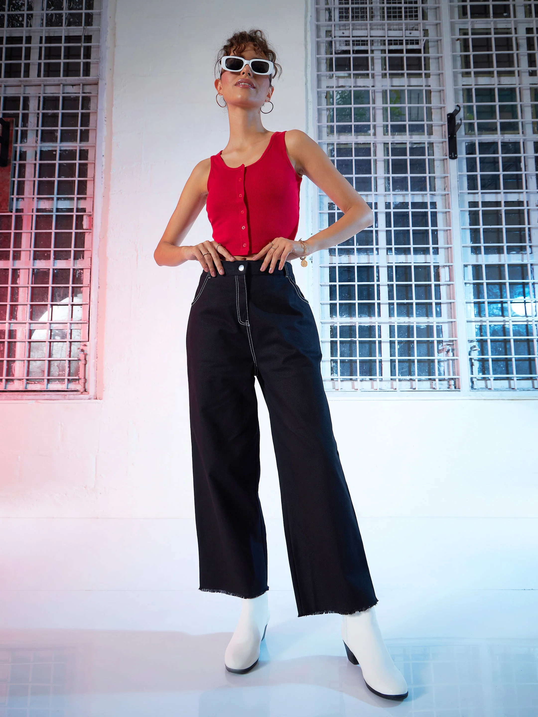 Women Red Front Button Sleeveless Crop Top - Image 2